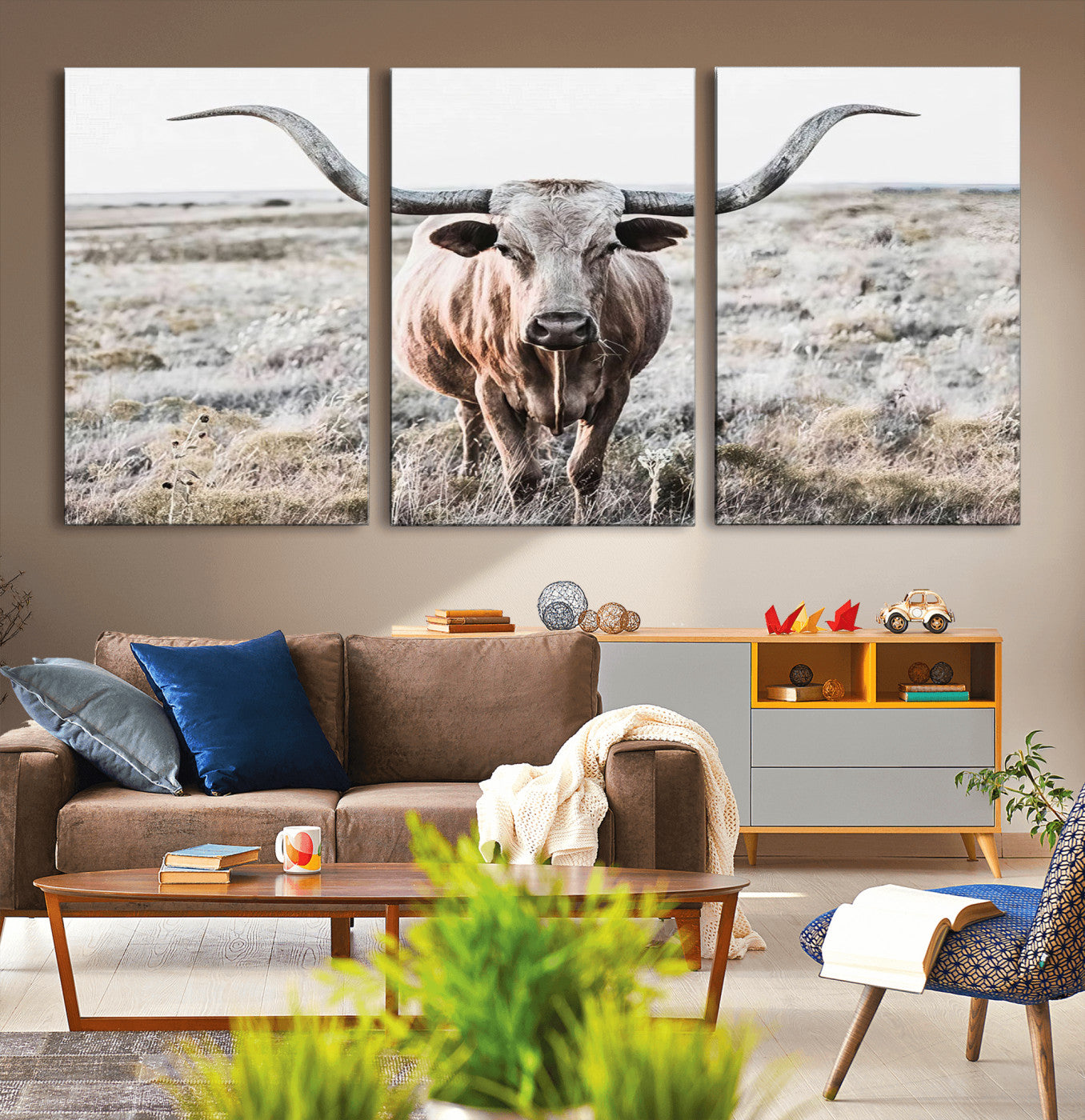 -Rustic Texas Longhorn Wall Art Canvas Print | Western Farmhouse Decor for Living Room or Office,