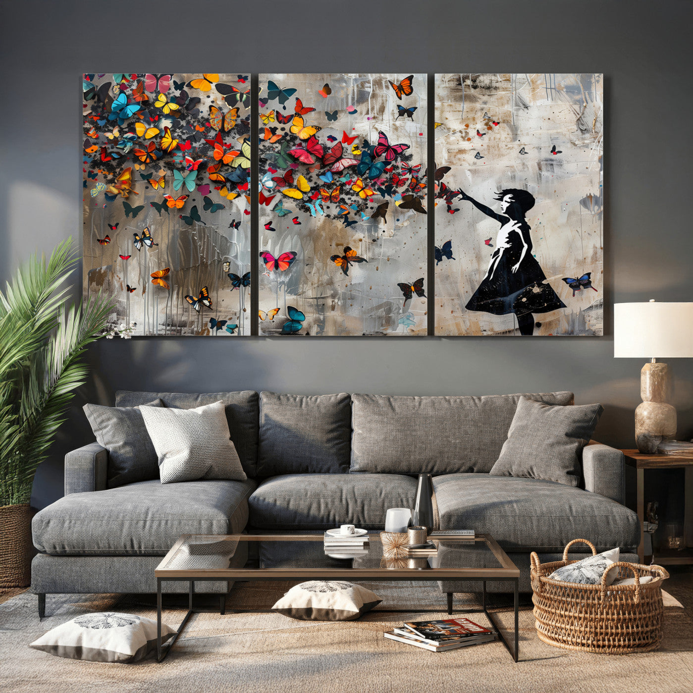 40269-MGV-CV-36X24 - Banksy Wall Art - Banksy Girl and Butterfly Explosion Wall Art Canvas Print | Girl with Butterflies