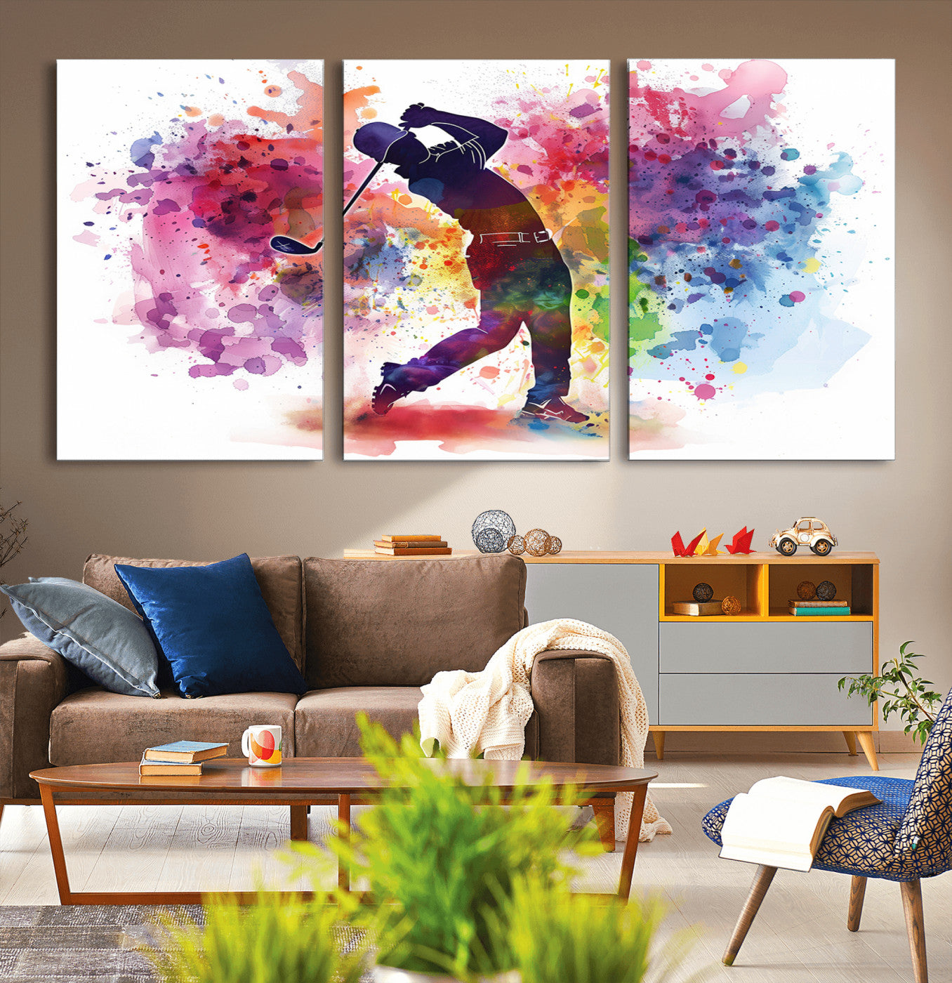 66537-MGV-CV-36X24-Colorful Golfer Swing Wall Art Canvas Print - Ready to Hang, Framed Sports Decor