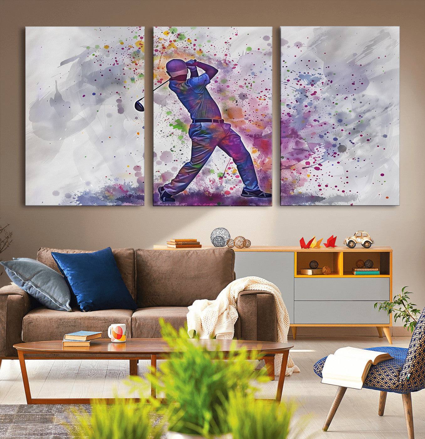 60116-MGV-CV-36X24-Watercolor Golf Swing Wall Art Canvas Print | Vibrant Abstract Golf Player Silhouette |