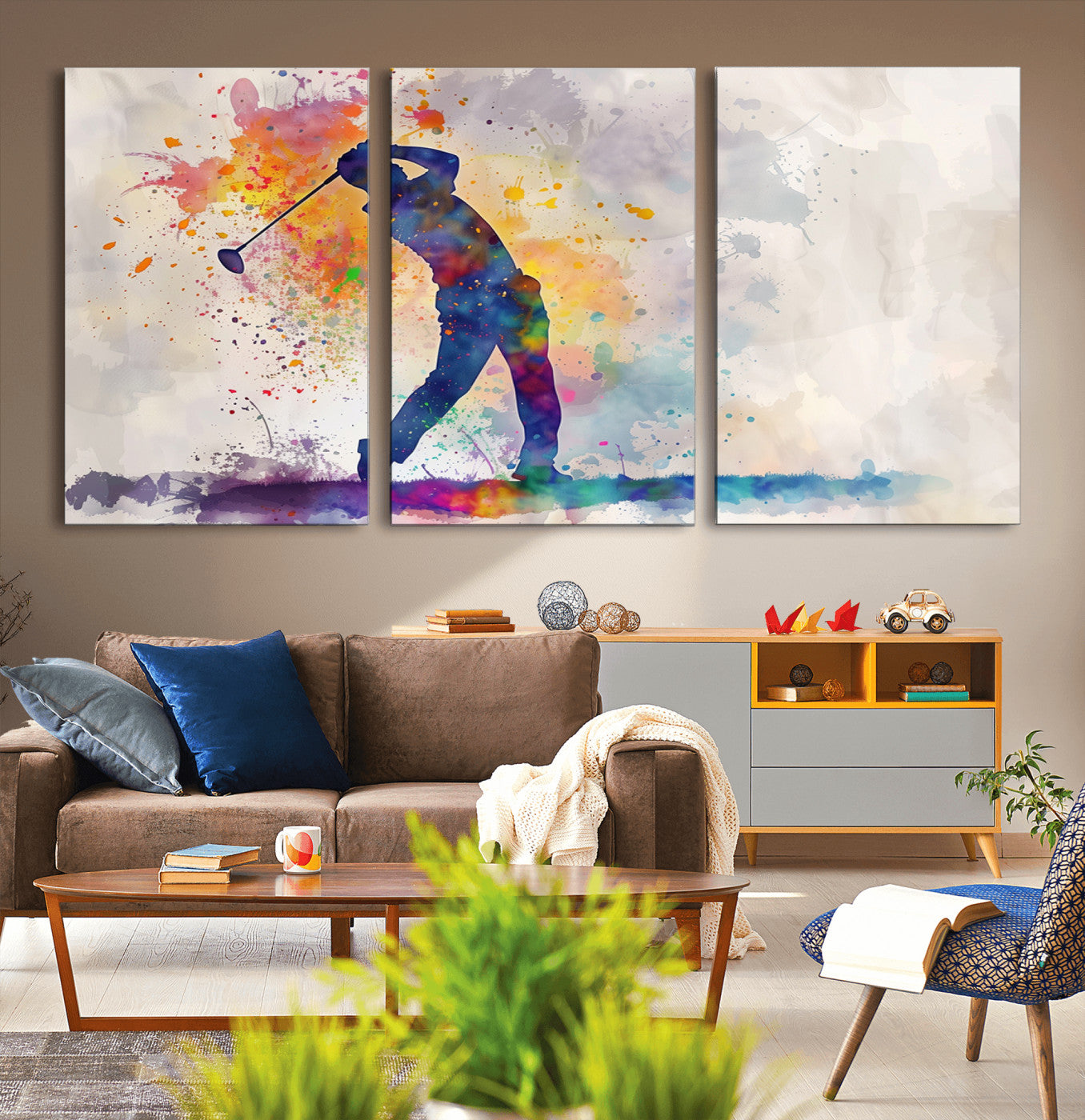 -Watercolor Golf Swing Wall Art Canvas Print | Vibrant Abstract Golf Player Silhouette |