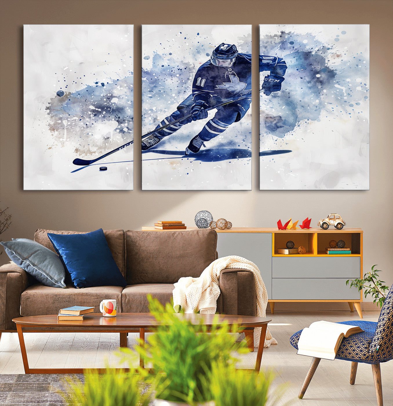 39795-MGV-CV-36X24-Hockey Player Wall Art Canvas Print - Sports-Inspired Watercolor Decor - Ready to Hang