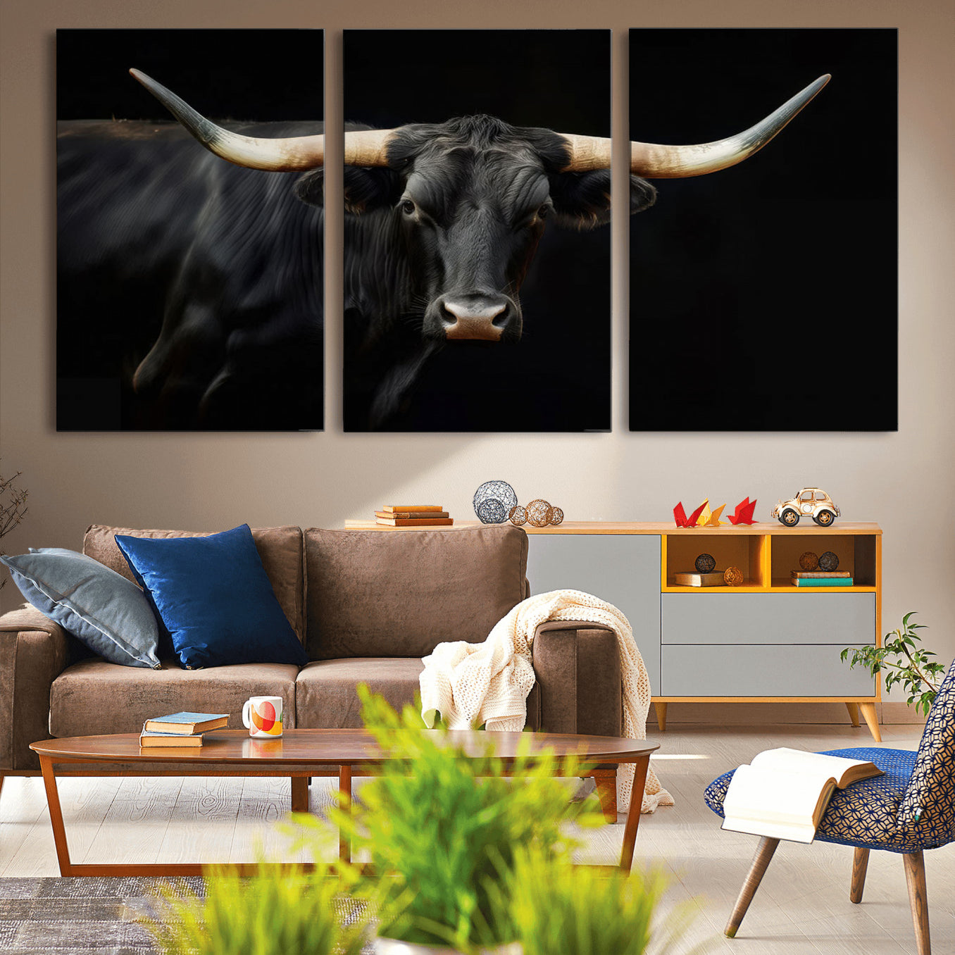 -Black Bull Wall Art – Majestic Longhorn Canvas Print with Dark Background, Rustic Western Farmhouse Decor for Living Room or Office