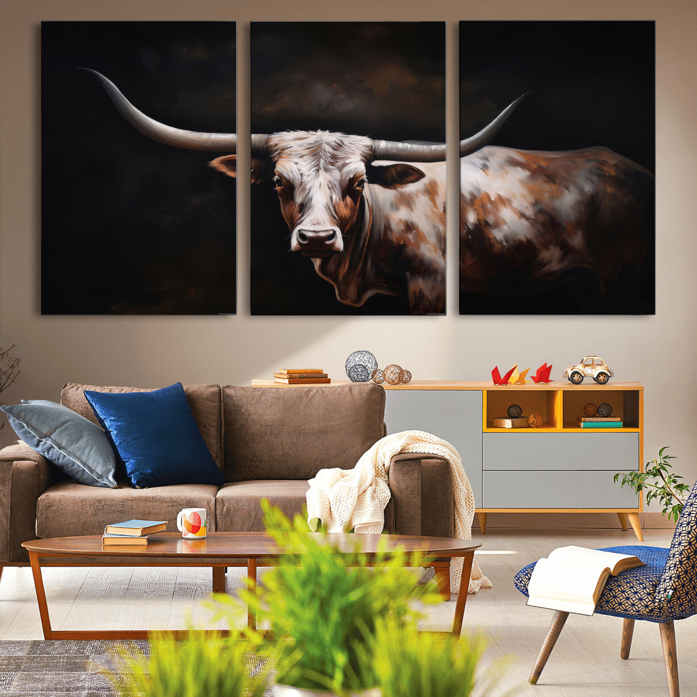 -Texas Longhorn Wall Art Canvas Print | Western Ranch Decor | Bold Rustic Cattle Artwork | Ready to