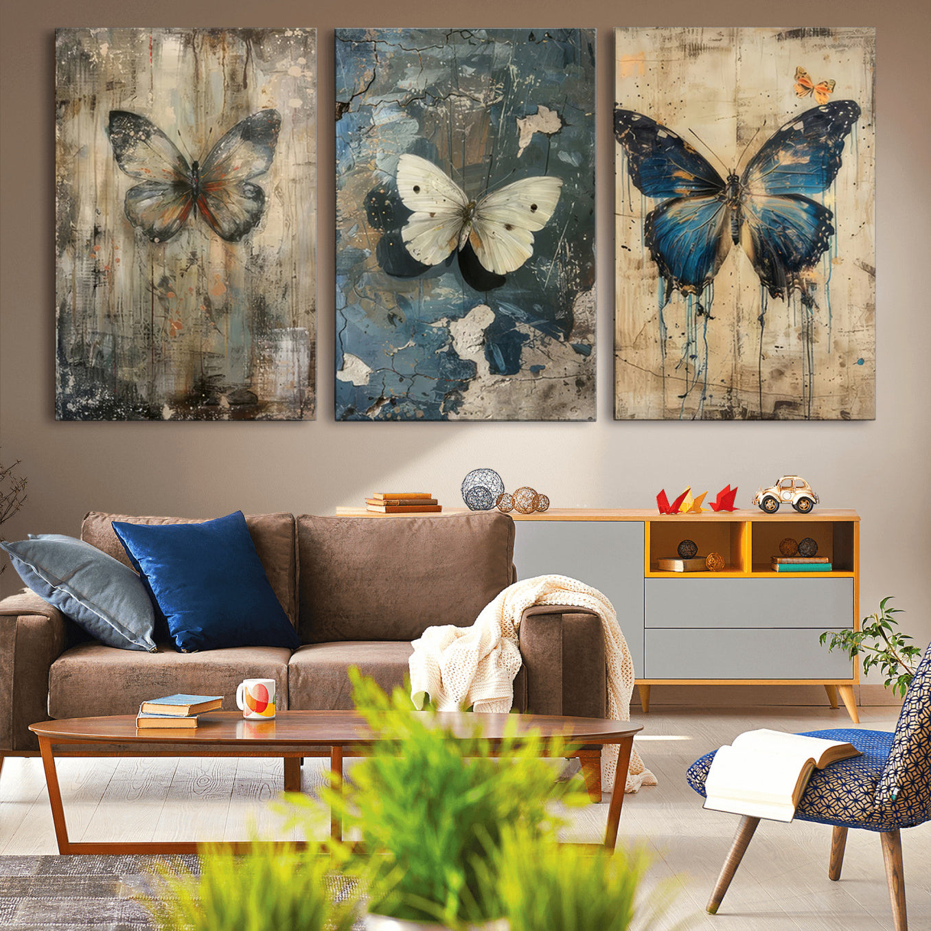 15201-MGV-CV-36X24-Butterfly Wall Art Trio | Vintage Butterfly Canvas Print | Ready to Hang Framed Artwork for