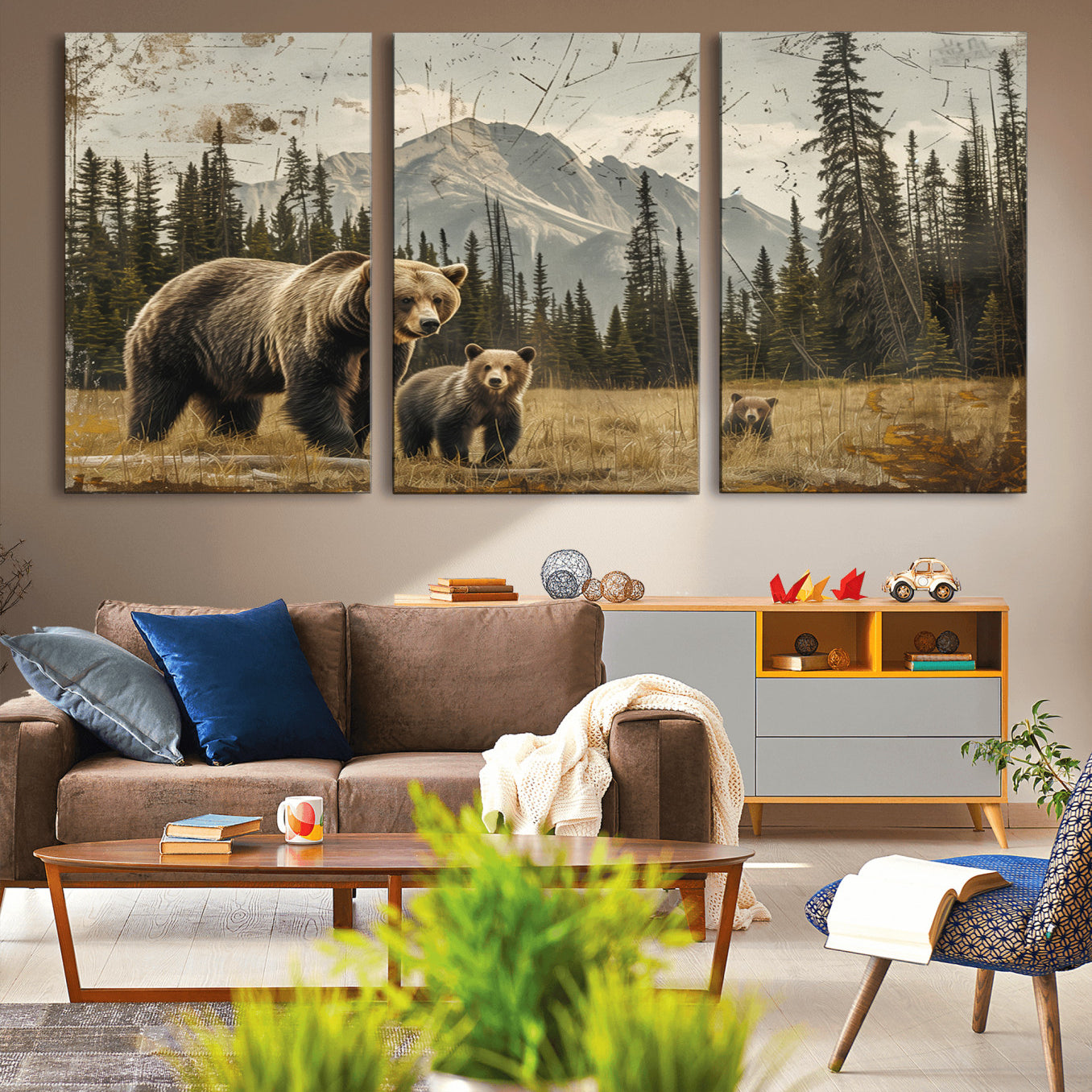 -Rustic Grizzly 399 Bear Family Wall Art Canvas Print