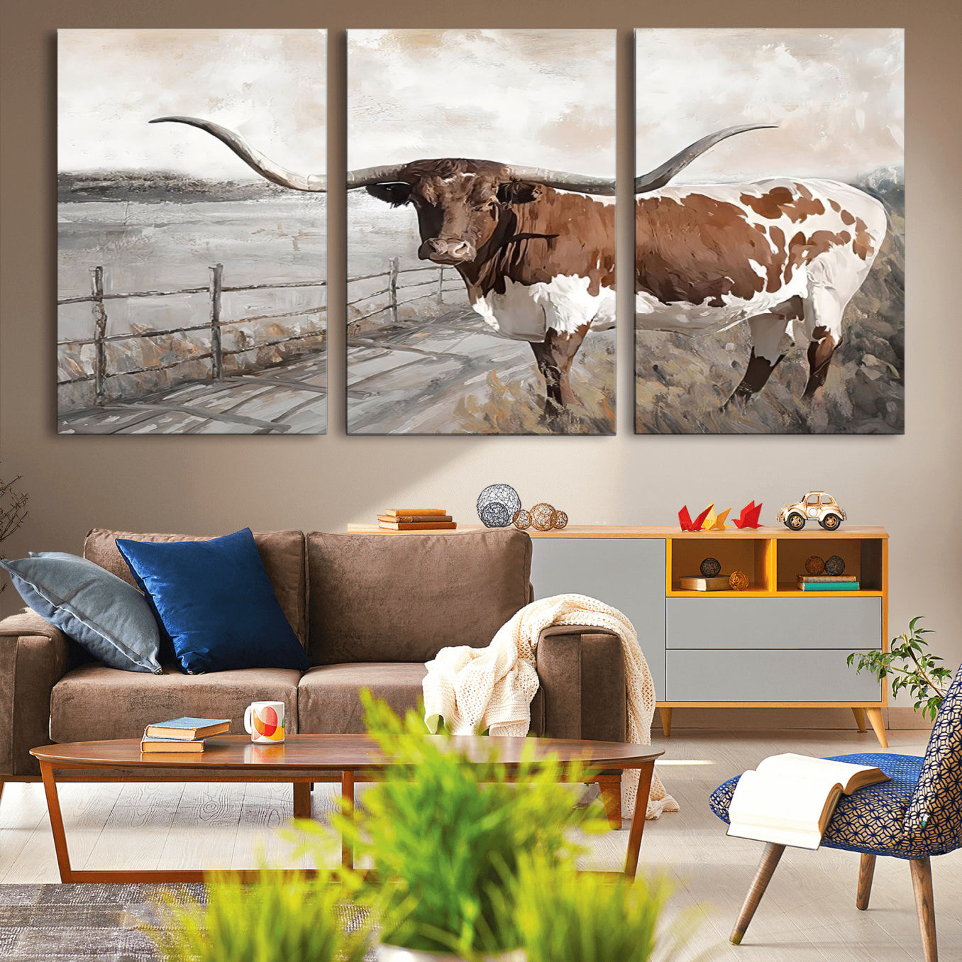 -Vintage Texas Cow Wall Art Canvas Print, Rustic Longhorn Wall Art | Canvas Print for Farmhouse Decor