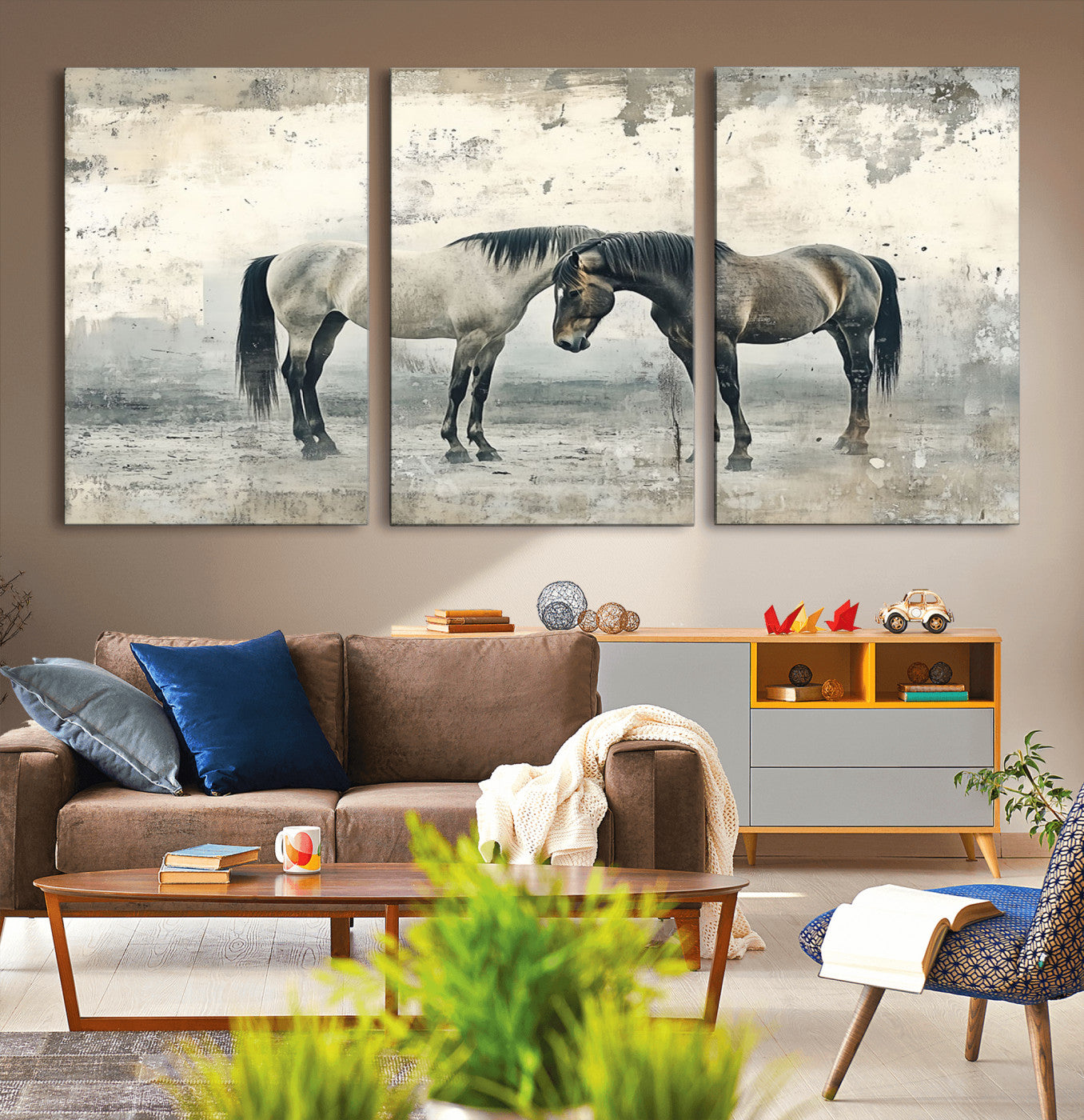 -Chines Style Majestic Horses Wall Art | Ready to Hang and Framed Triptych Print | Western Farmhouse