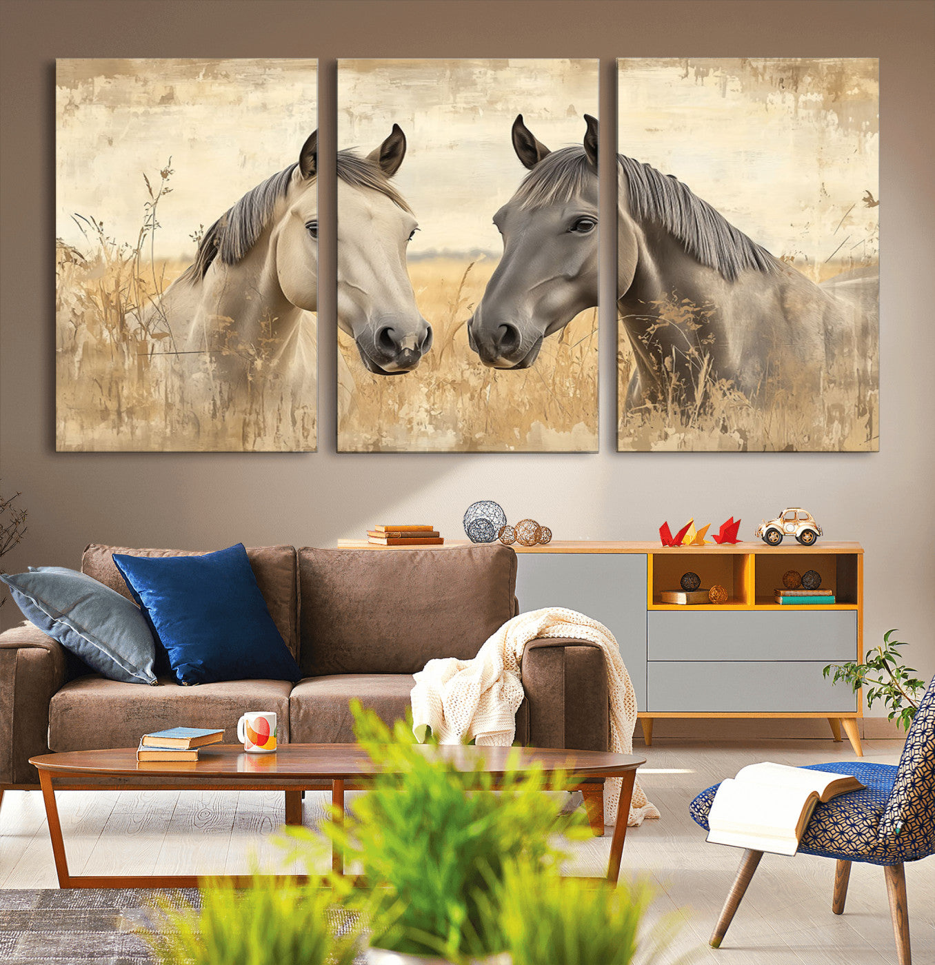 41082-MGV-CV-36X24-Chines Ink Style Grunge Horses Wall Art Canvas Print