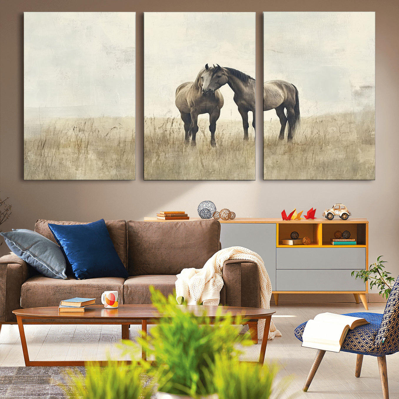 -Chines Style Grunge Horses Wall Art Canvas Print