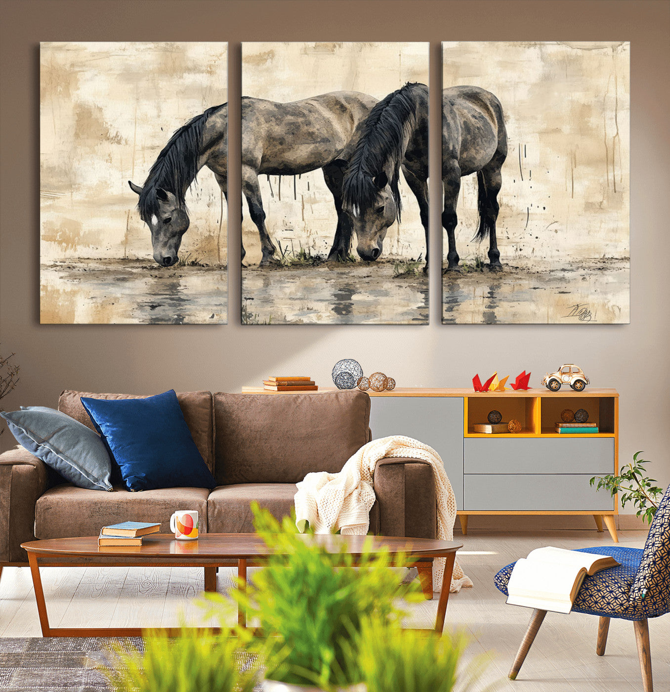 45159-MGV-CV-36X24-Chinese Style Abstract Black Horses Wall Art Canvas Print - Abstract Horse Wall Art Canvas Print