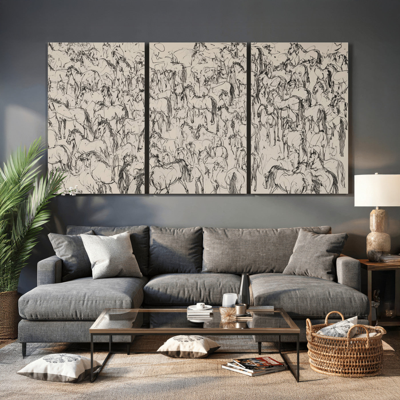 25718-MGV-CV-36X24 - Abstract Horse Sketch Wall Art | Ready to Hang and Framed | Farmhouse Wall Decor for Barn Wall
