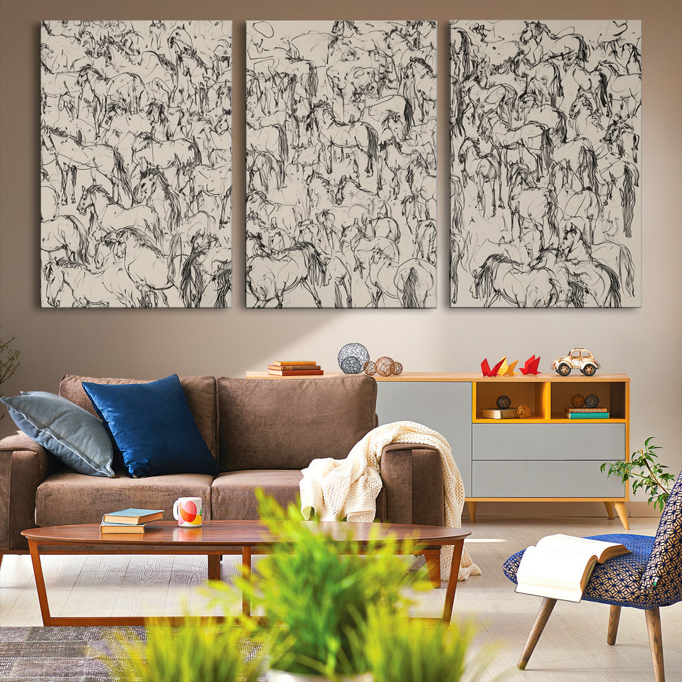 -Abstract Horse Sketch Wall Art | Ready to Hang and Framed | Farmhouse Wall Decor for Living Room or