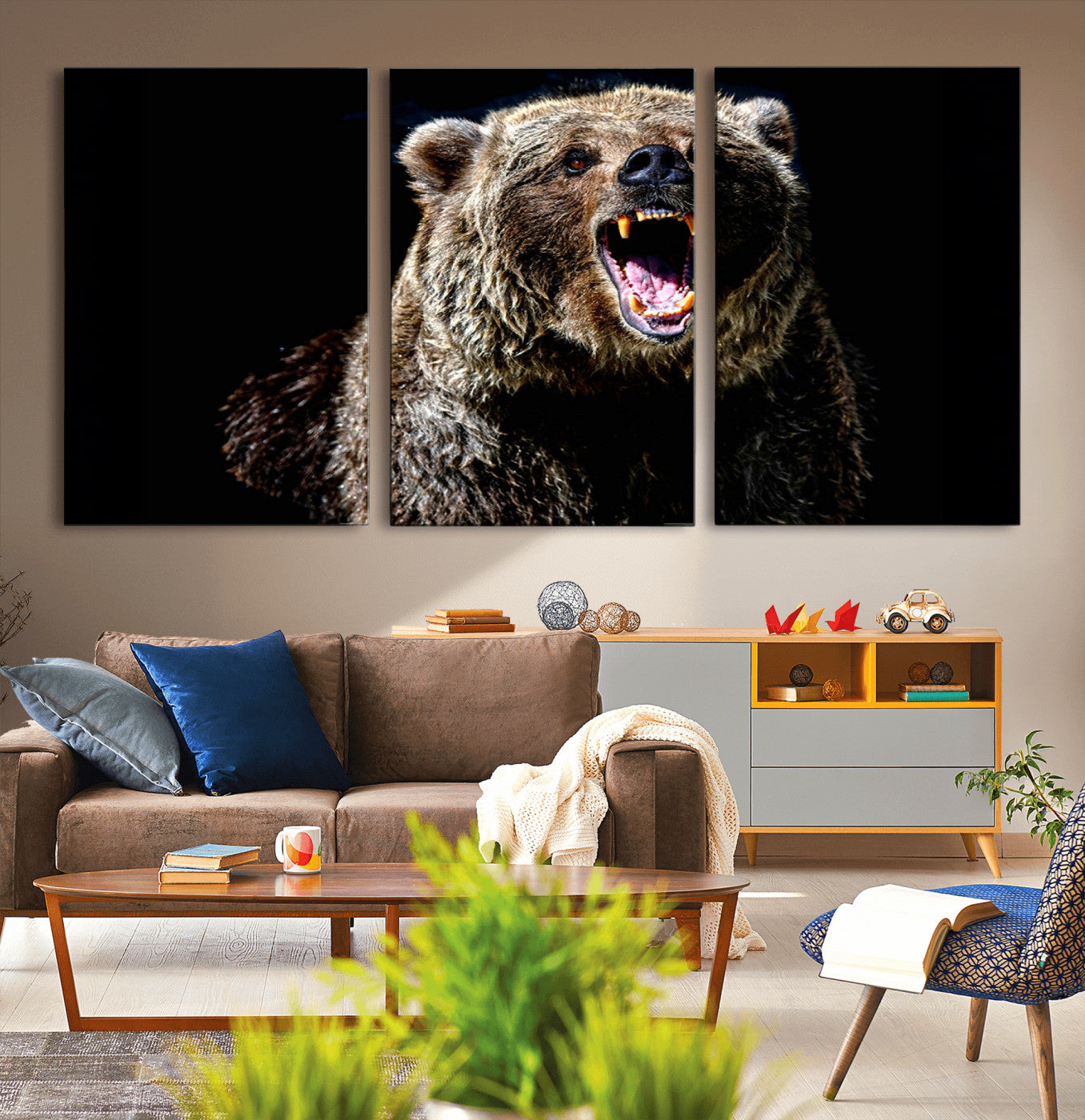 17625-MGV-CV-36X24-Grizzly Bear Canvas Print | Wildlife Wall Art for Cabin Decor | Ready to Hang Framed