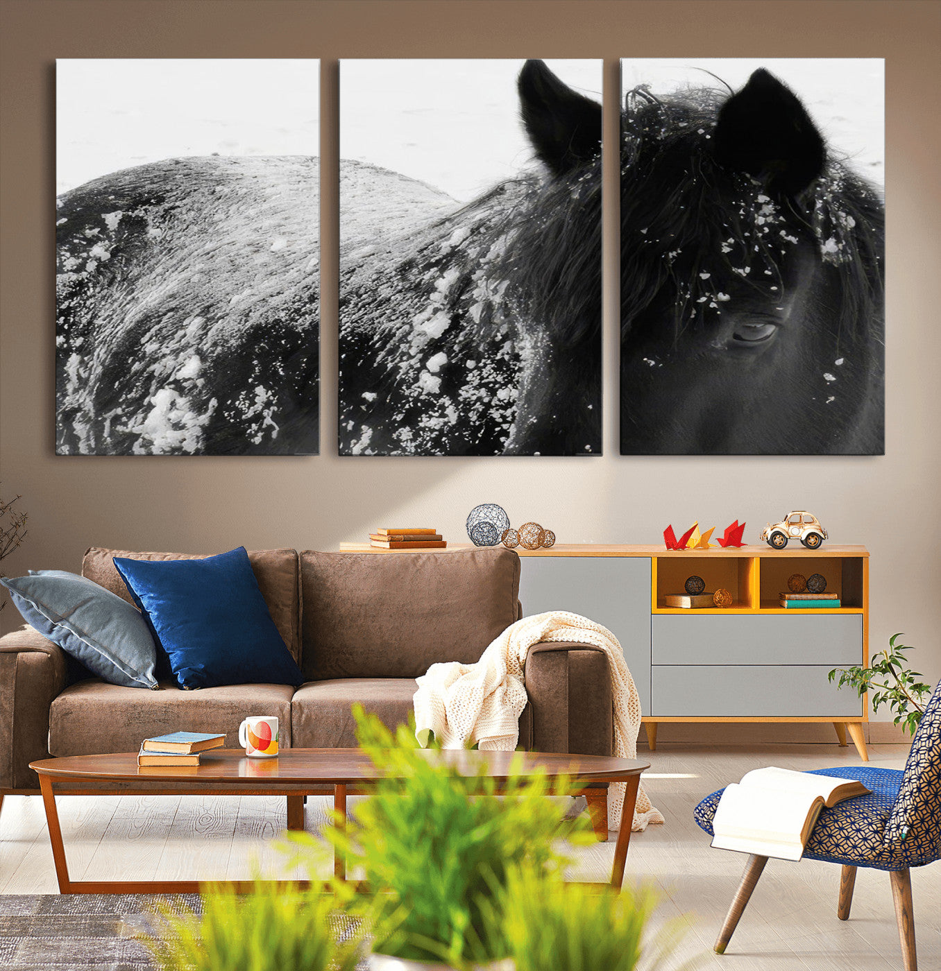 52886-MGV-CV-36X24-Black Horse in Snow Canvas Print | Winter Horse Wall Art | Ready to Hang and Framed | Farmhouse Wall