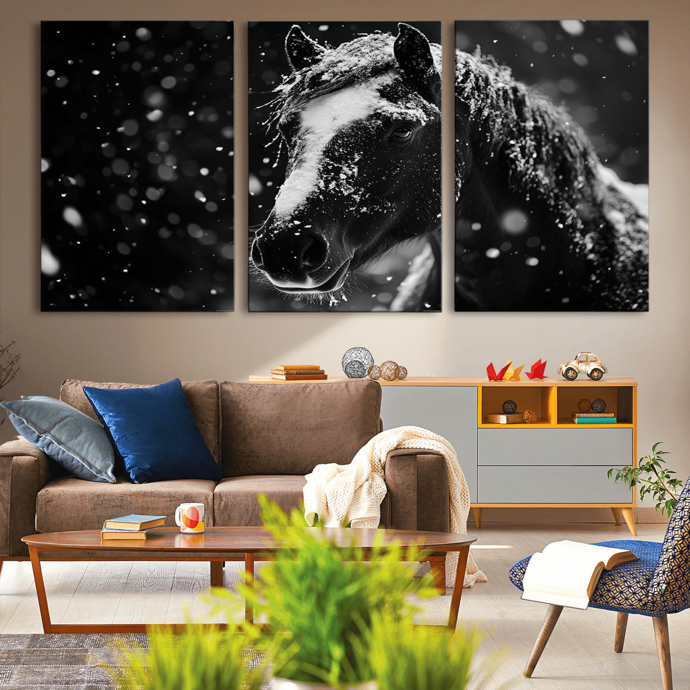-Winter Horse Wall Art | Black and White Horse Print | Ready to Hang and Framed | Farmhouse Wall Art