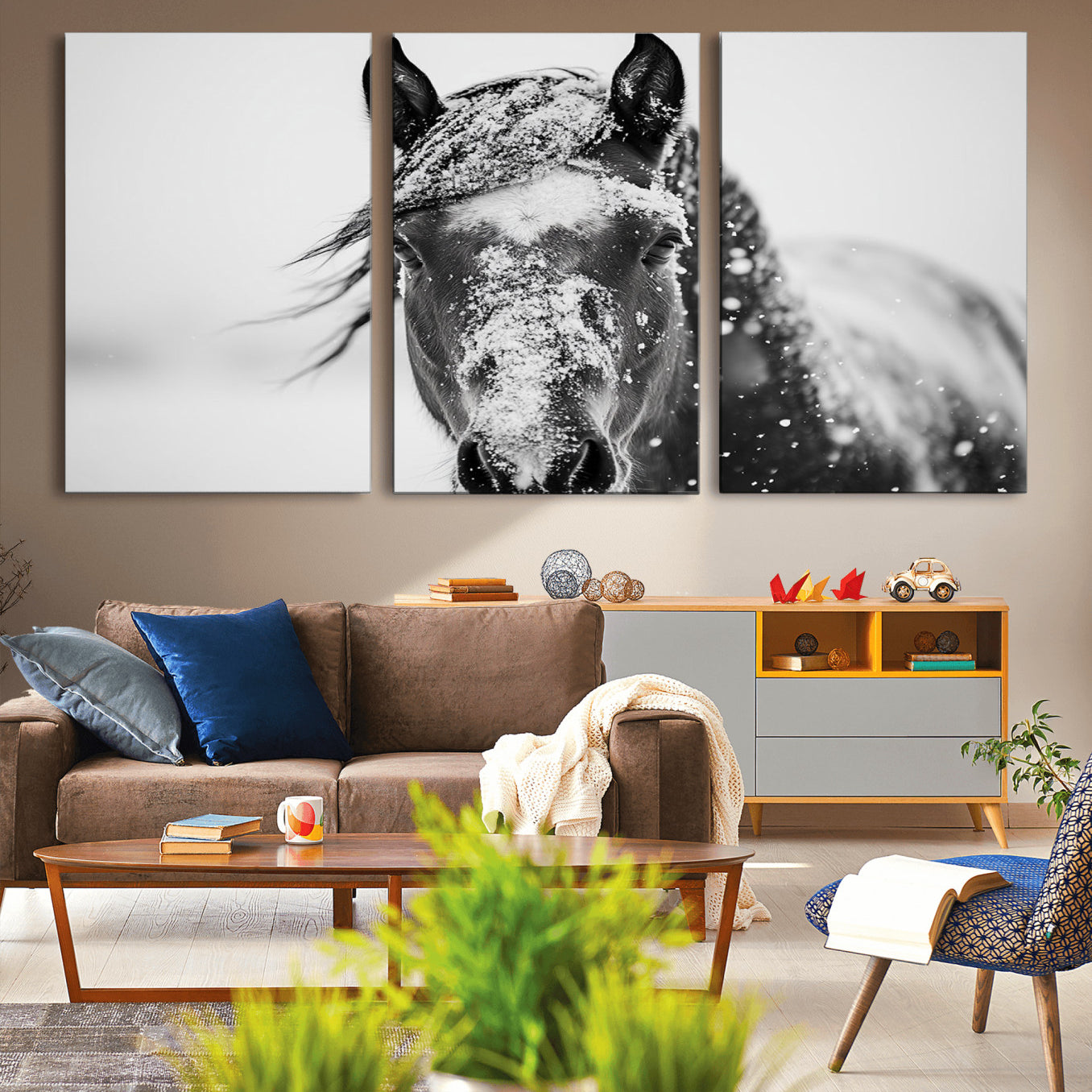 -Western Wall Art | Black and White Winter Horse Wall Art | Ready to Hang and Framed | Farmhouse and