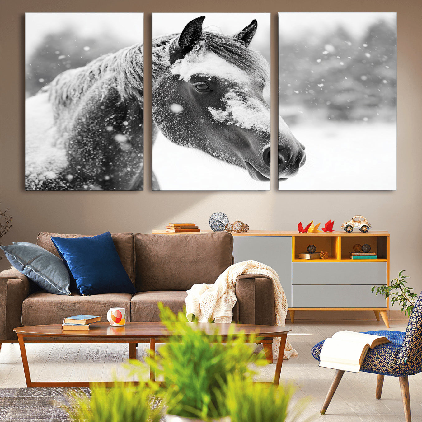 -Black Horse Winter Wall Art | Ready to Hang and Framed | Farmhouse and Western Wall Decor for Living