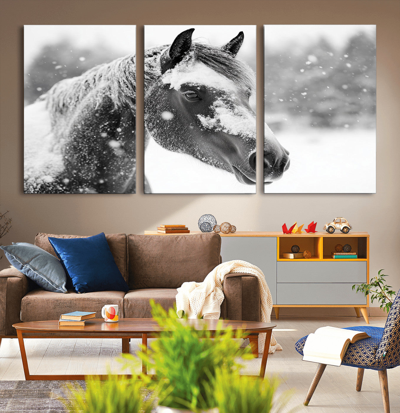 13358-MGV-CV-36X24-Black Horse Winter Wall Art | Ready to Hang and Framed | Farmhouse and Western Wall Decor for Living