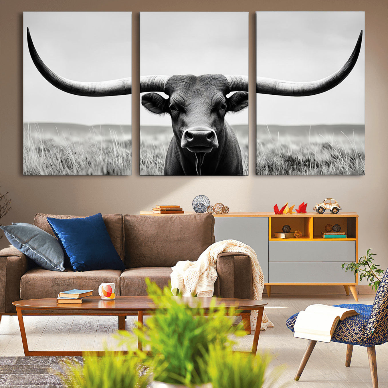 -Longhorn Bull Canvas Print | Rustic Farmhouse Wall Art | Western Decor | Ready to Hang and Framed