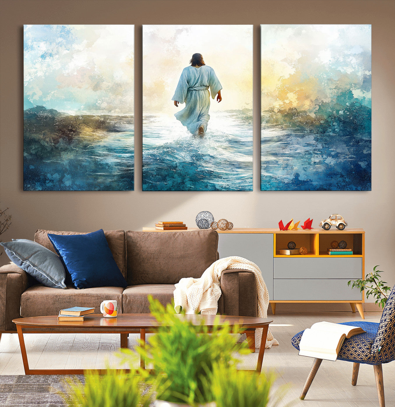 -Watercolor Jesus Walking on Water Canvas Print, Christian Wall Art, Jesus Christ Walking