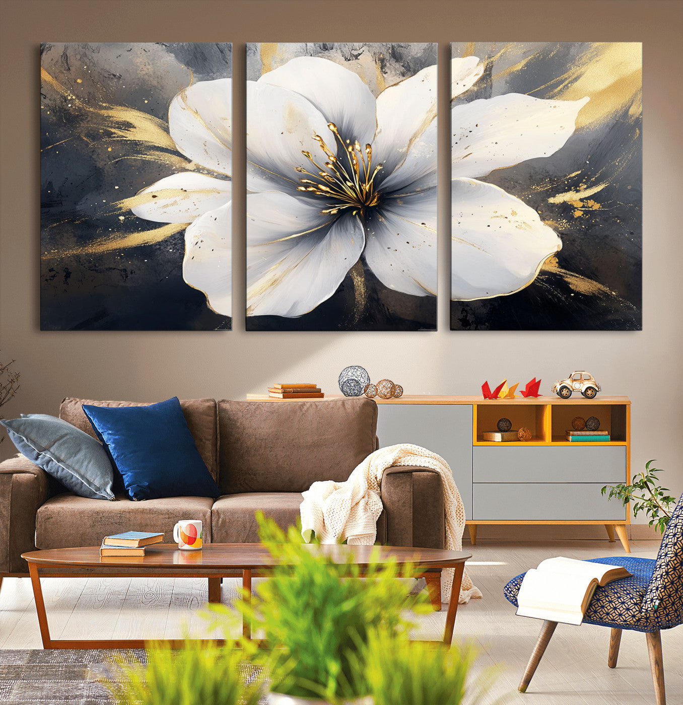 19910-MGV-CV-60X30-3P-White Flower Wall Art Canvas Print | Ready to Hang | Abstract Floral Wall Decor | Elegant Bloom
