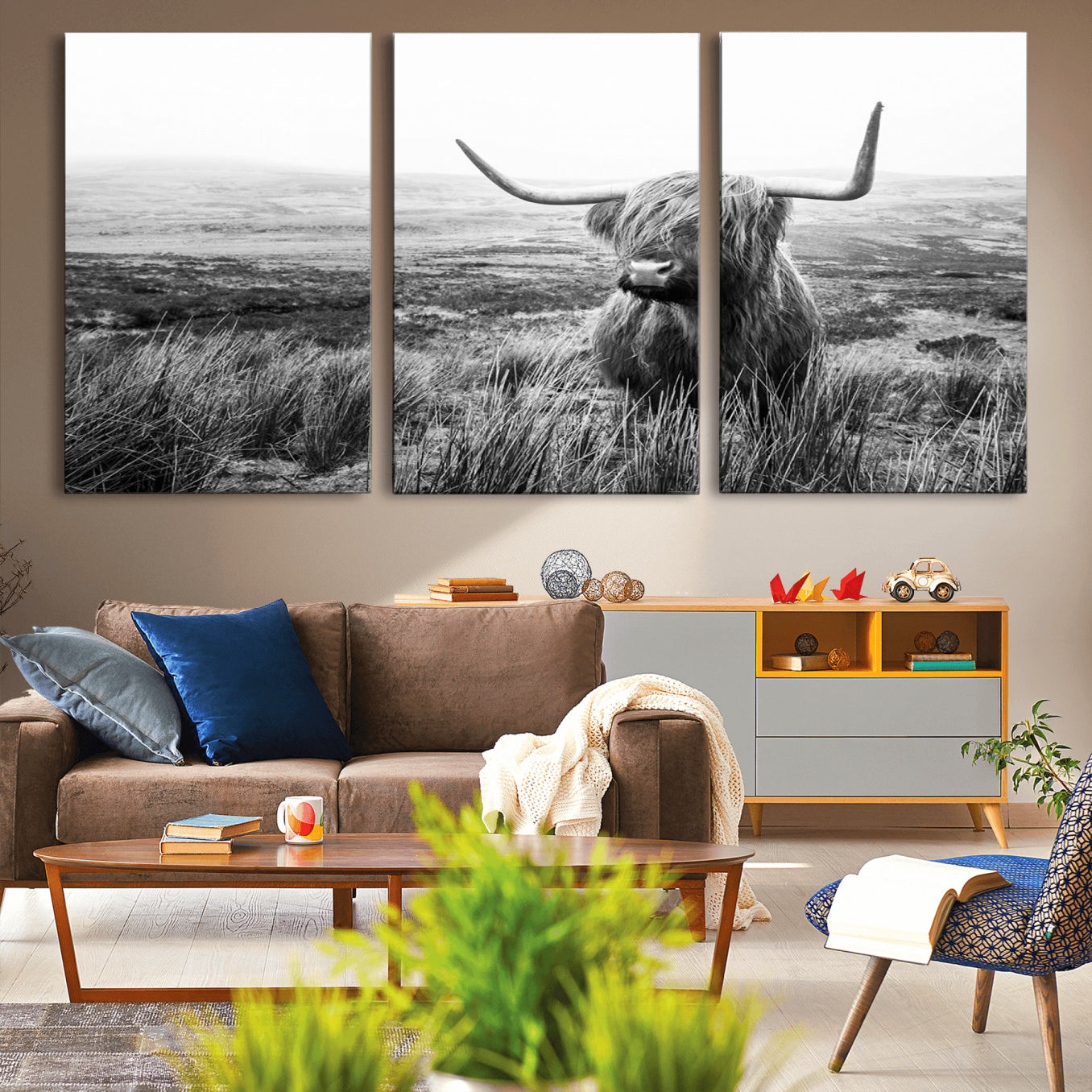 -Scottish Highland Cow Wall Art | Black and White Canvas Print | Ready to Hang and Framed | Rustic