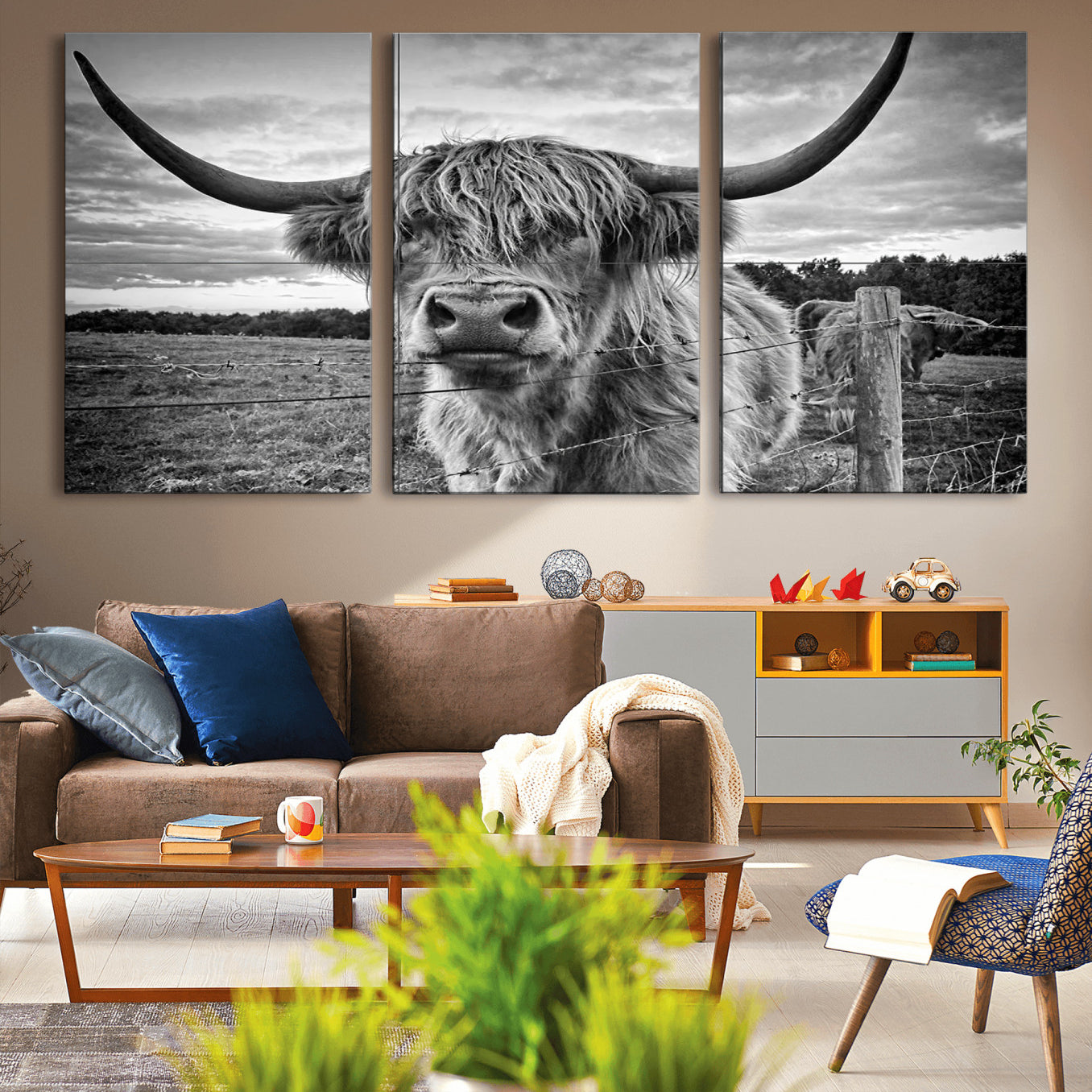 -Scottish Highland Cow Canvas Wall Art Farmhouse Decor, Framed Scottish Highland Cow Print