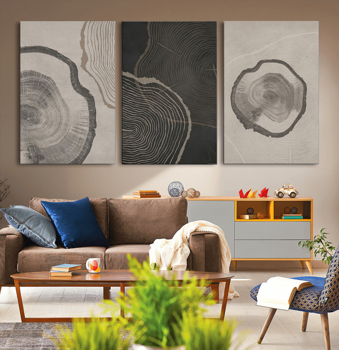 Modern Abstract Tree Ring Canvas Art Set | 3 Panel Large Tree Ring Design Wall Art