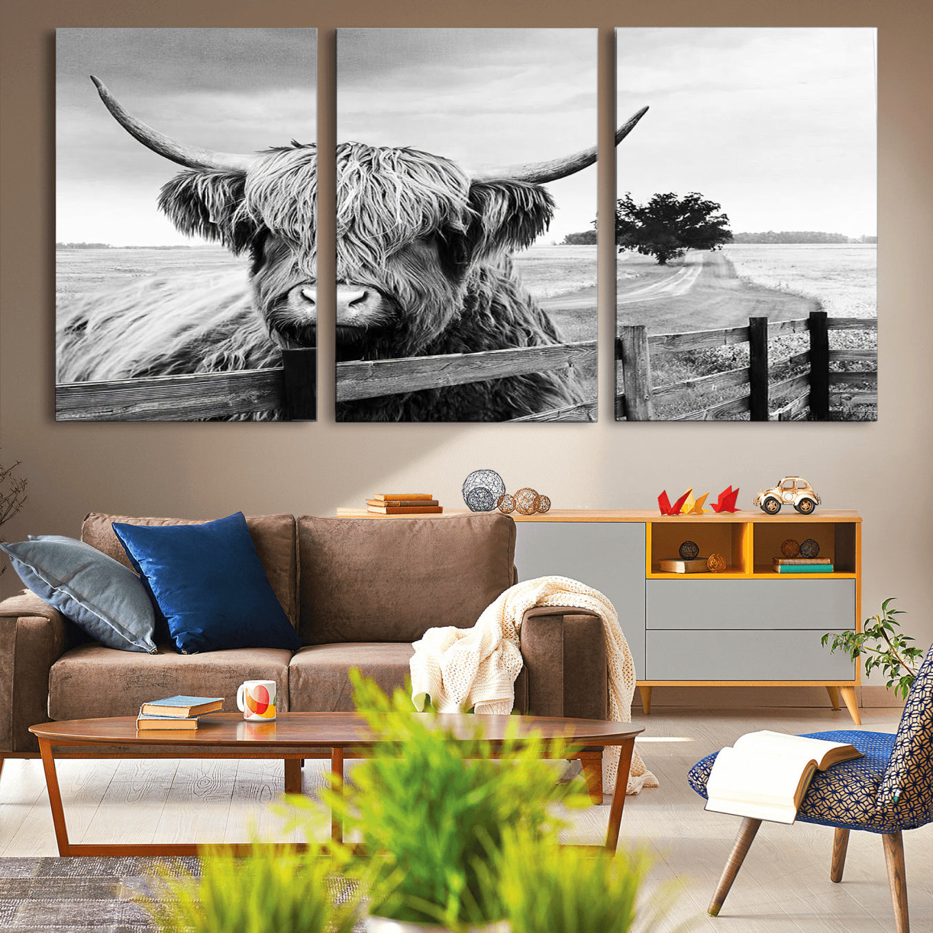 -Scottish Highland Cow Wall Art | Rustic Farmhouse Décor | Black and White Ready to Hang Canvas Print