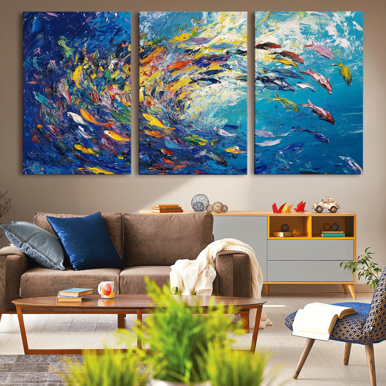 -Colorful Swirling Fish School Wall Art Canvas Print | Oceanic Abstract Painting | Ready to Hang |