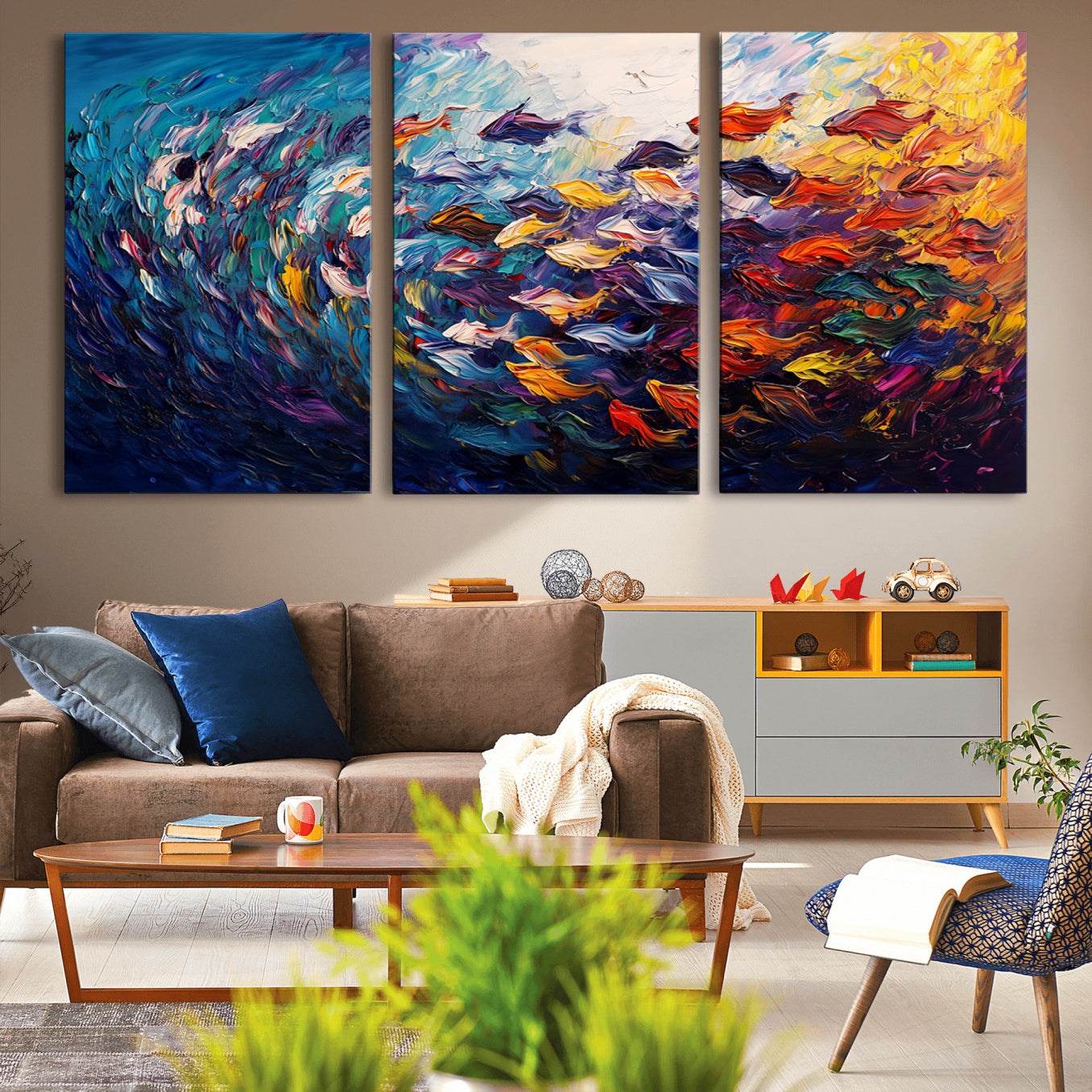 78292-MGV-CV-36X24-Vibrant Abstract Fish Swarm Art – Colorful Fish Inspired 3-Piece Canvas Wall Art for Living Room or