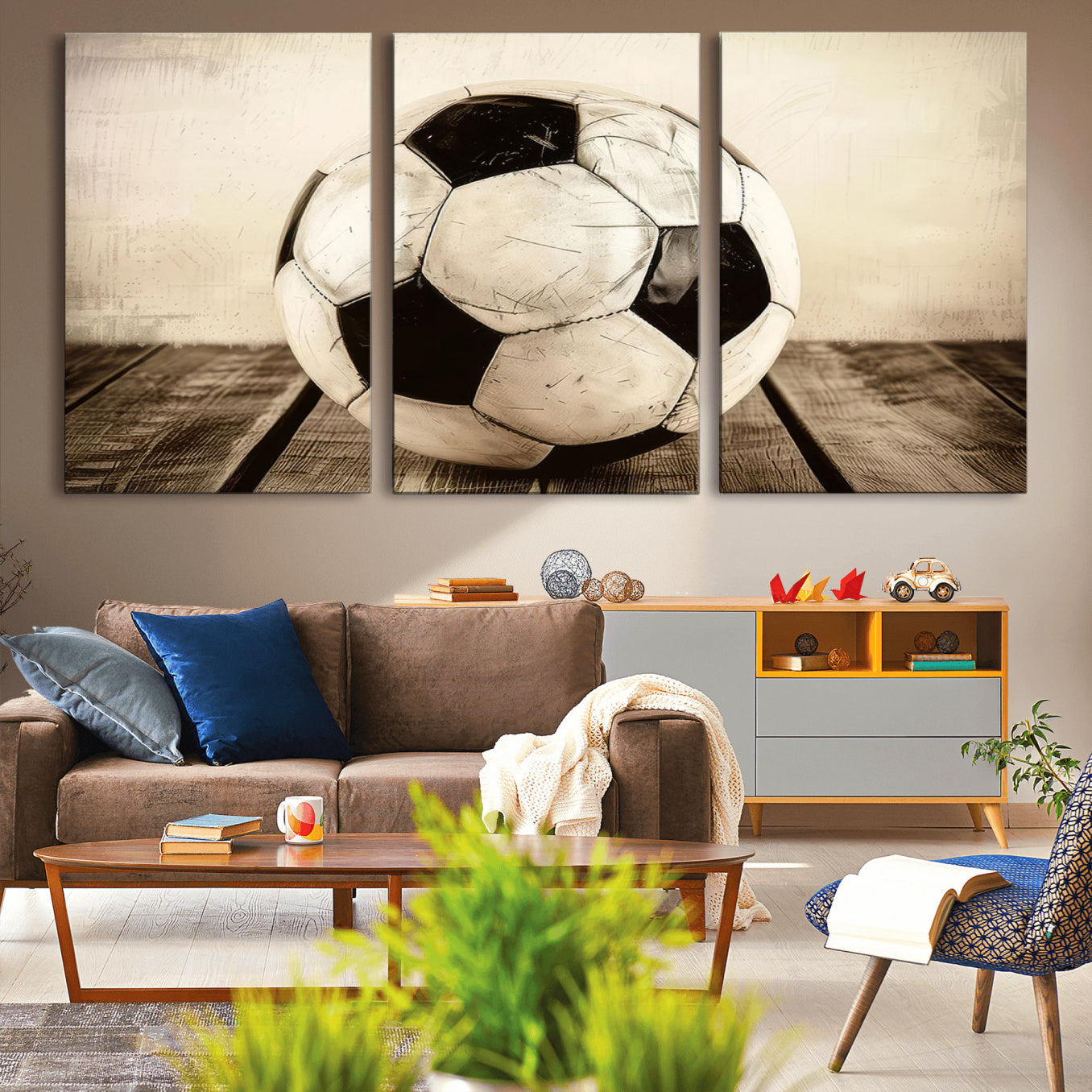 -Vintage Soccer Ball Wall Decor Canvas Art – 3-Panel Soccer Wall Decor, Framed and Ready to Hang
