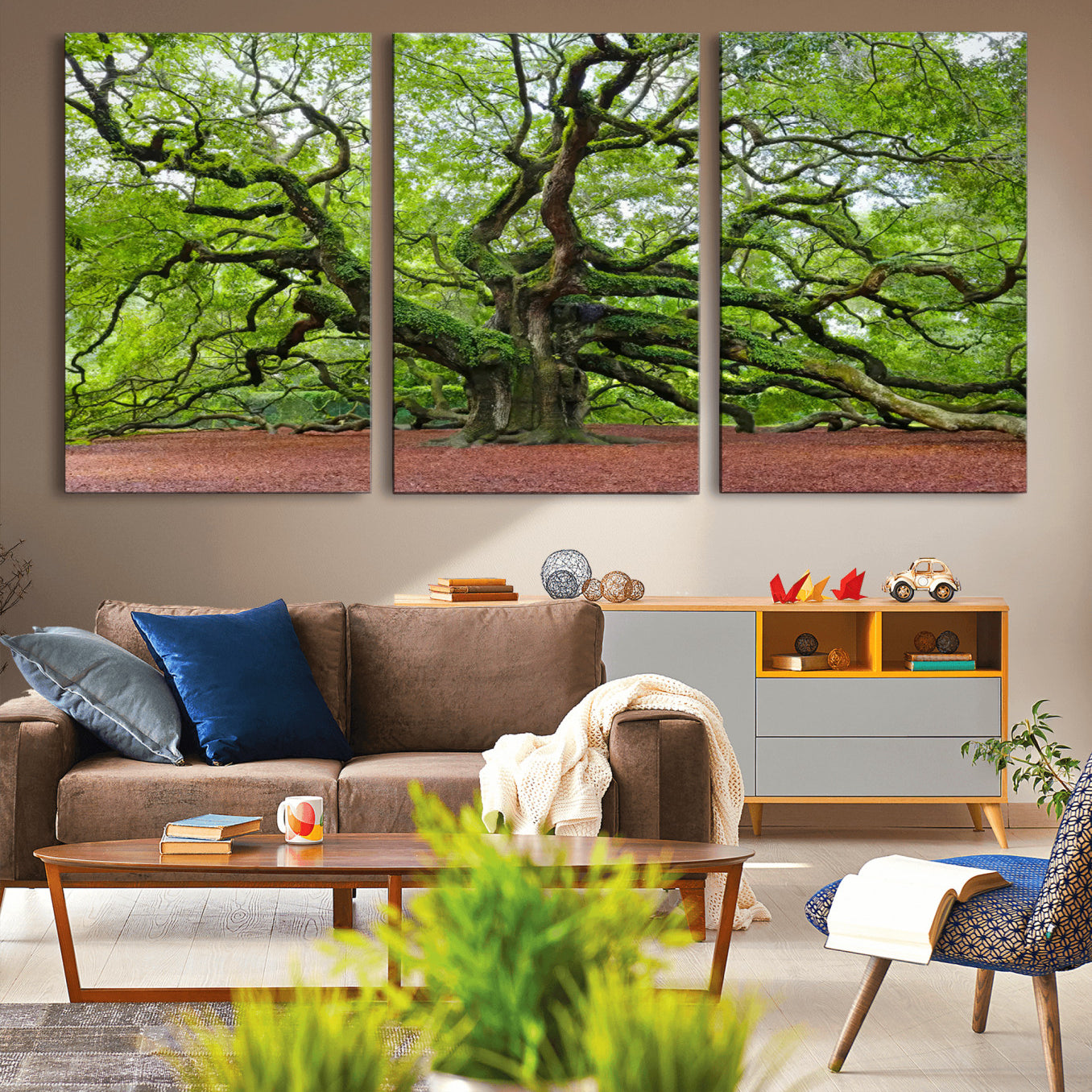 40313-MGV-CV-36X24-Framed Angel Oak Tree Wall Art - 3-Panel Canvas Prints, Large Green Nature Artwork, Ready to Hang