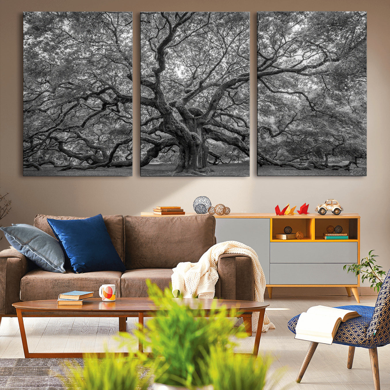 -Majestic Angel Oak Tree Black and White Canvas Print – Multi Panel Wall Art, Giclée Print, Ready to