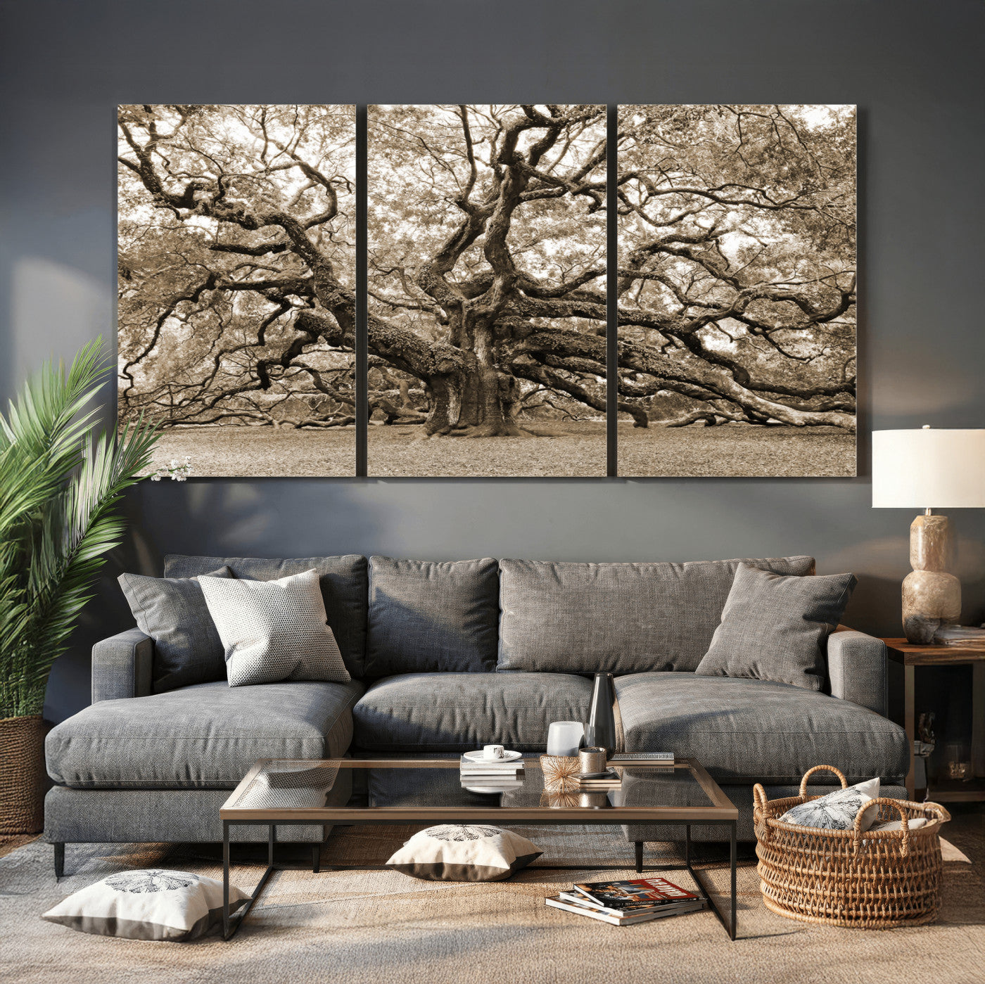51126-MGV-CV-36X24 - Sepia Framed Angel Oak Tree Wall Art - 3-Panel Canvas Prints, Large Green Nature Artwork, Ready to