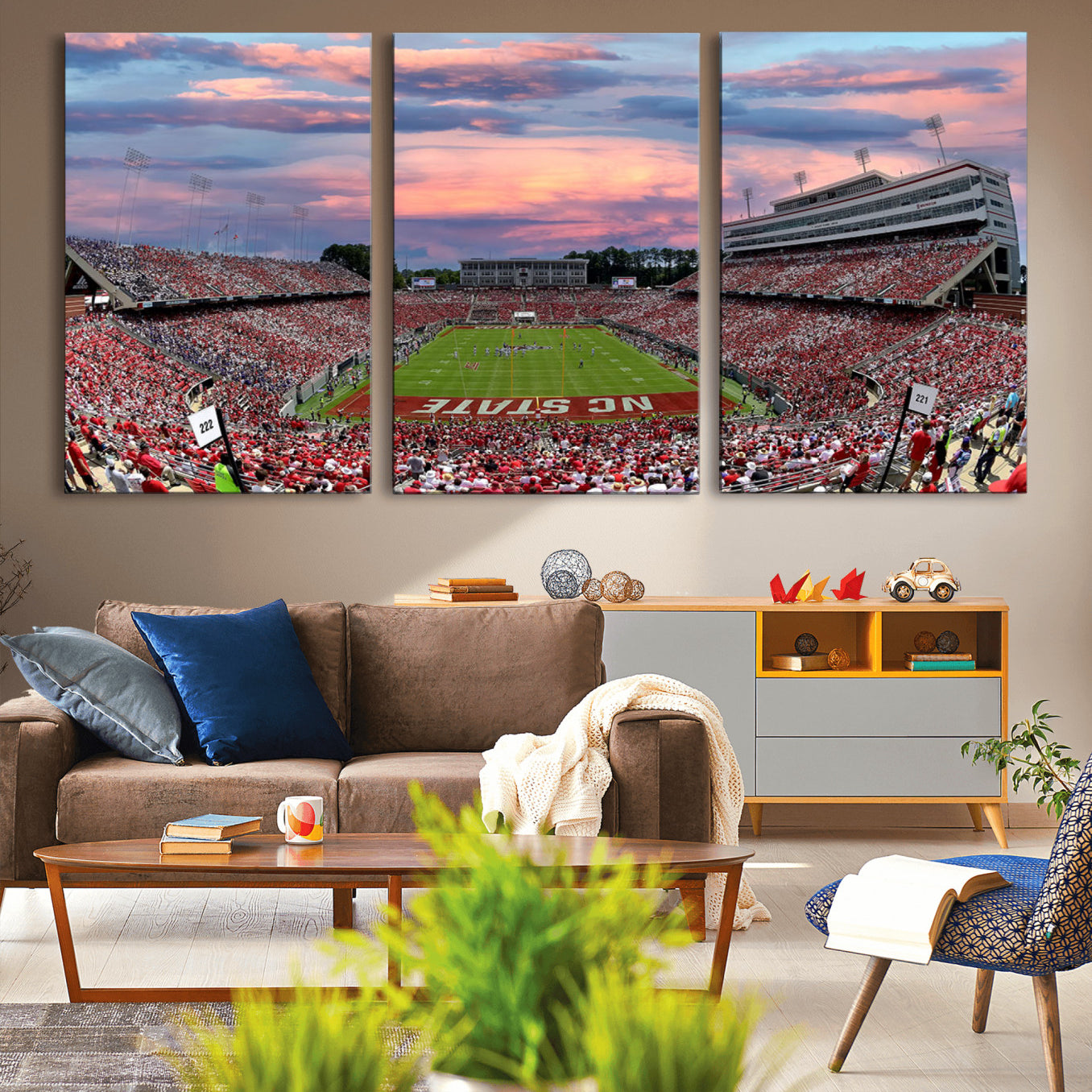 -Carter-Finley Stadium Art Sunset Game Triple Canvas Wall Art - NC State Wolfpack Football Match