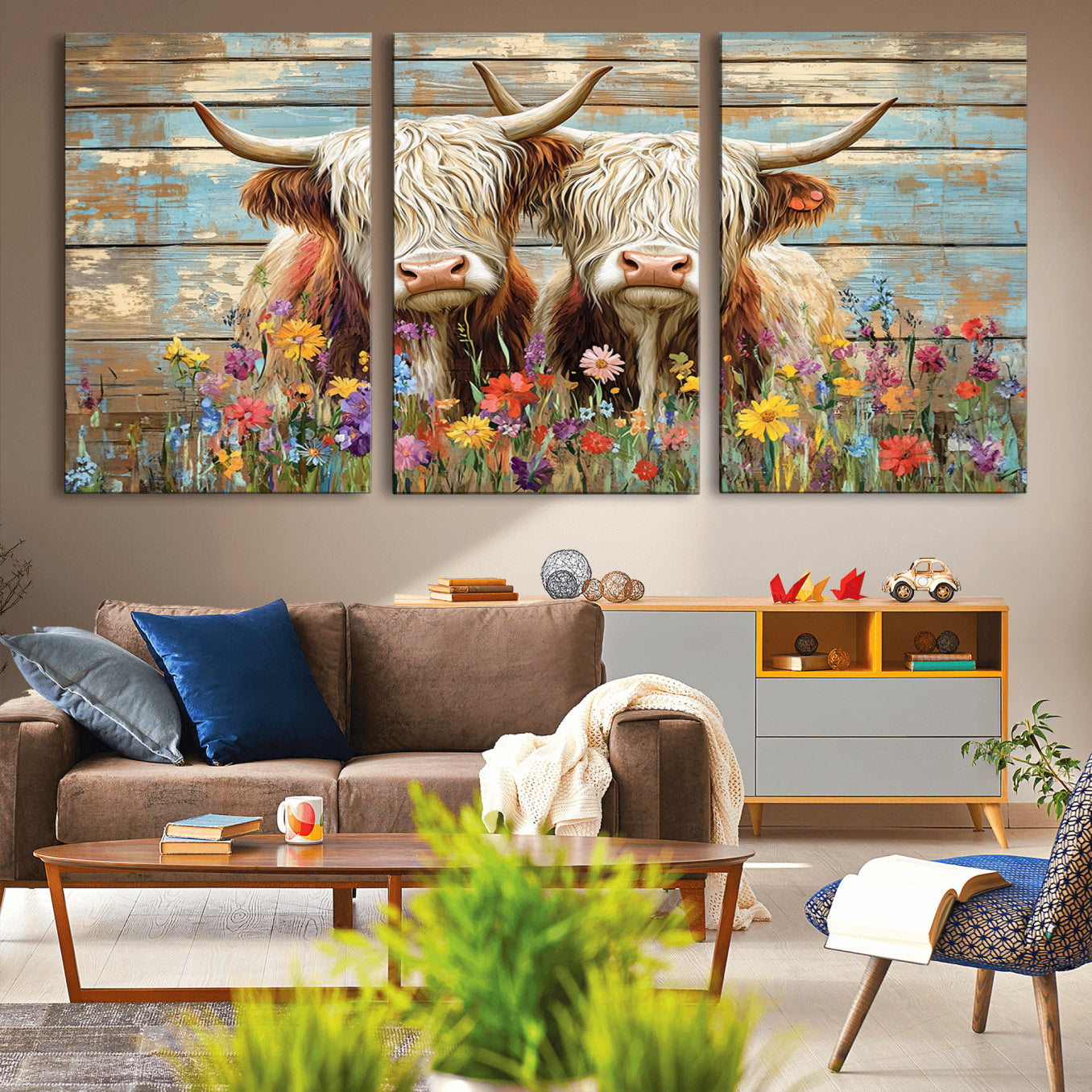 -Cute Highland Cow Canvas Wall Art - Rustic Farmhouse Decor with Colorful Flowers Perfect Wall Art