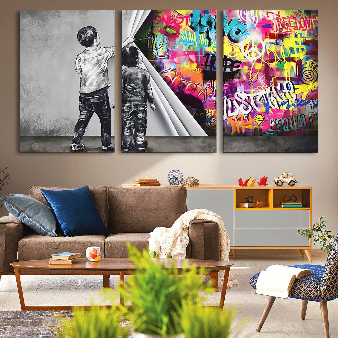 -Banksy Print - Street Art Canvas Wall Art - Kids Revealing Graffiti, Urban Modern Decor for Living