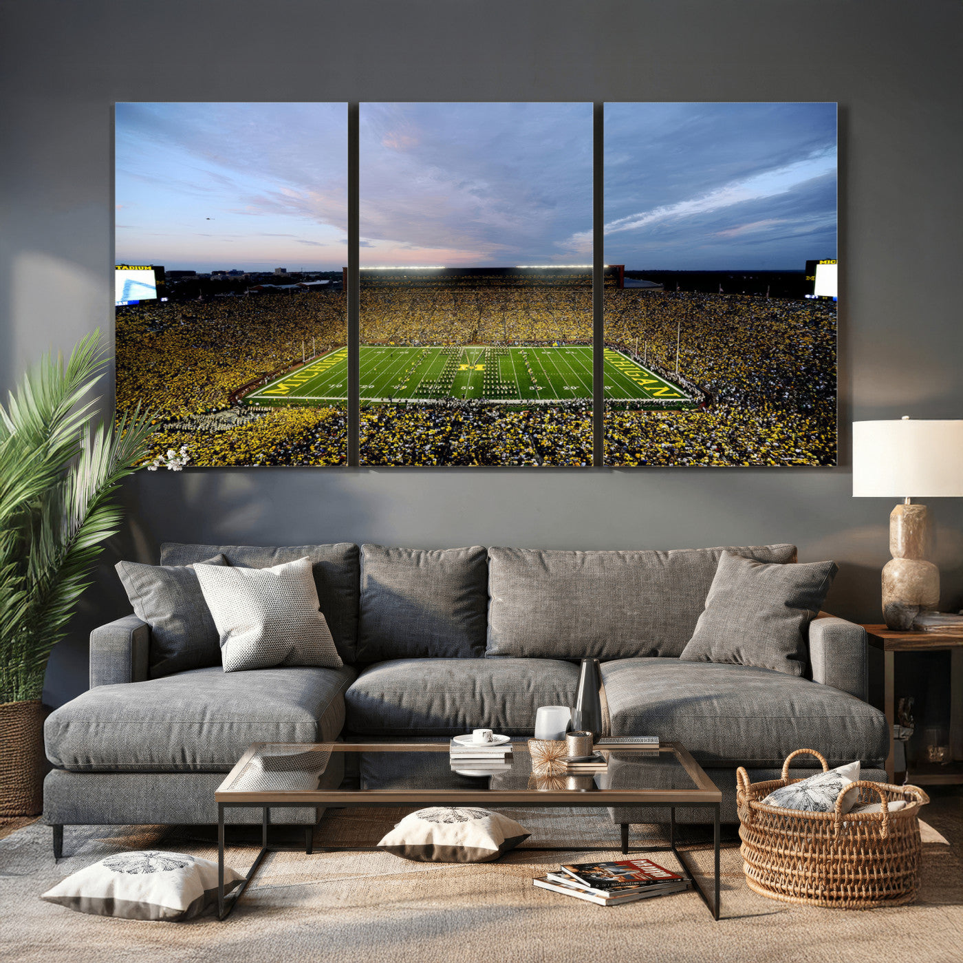 82641-MGV-CV-36X24 - Michigan Stadium Wall Art Canvas Print, Vibrant Game Day Crowd and Sunset Sky Football Field Artwork for Home, Office
