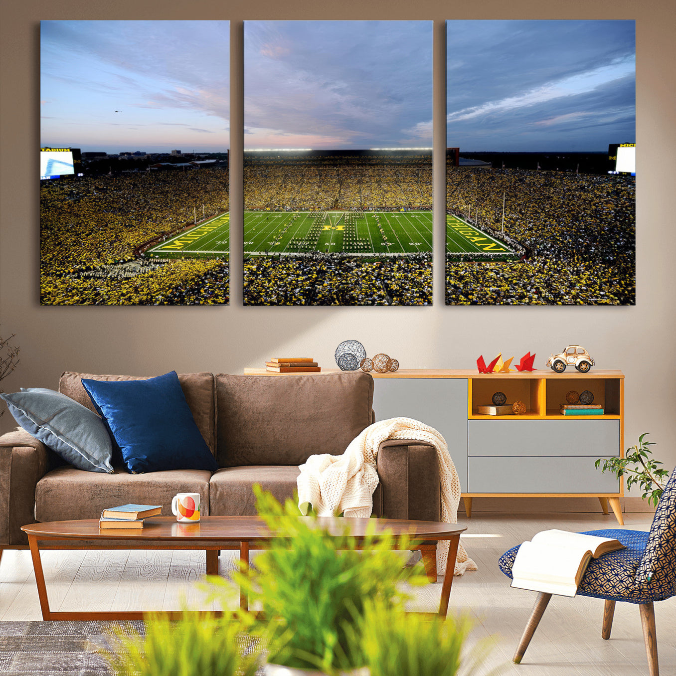 82641-MGV-CV-60X30-3P - Michigan Stadium Wall Art Canvas Print, Vibrant Game Day Crowd and Sunset Sky Football Field Artwork for Home, Office