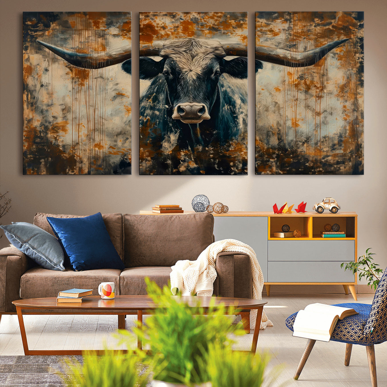 -Longhorn Wall Art – Rustic Western Bull Canvas Print, Modern Farmhouse Animal Decor for Living Room, Office, or Ranch House