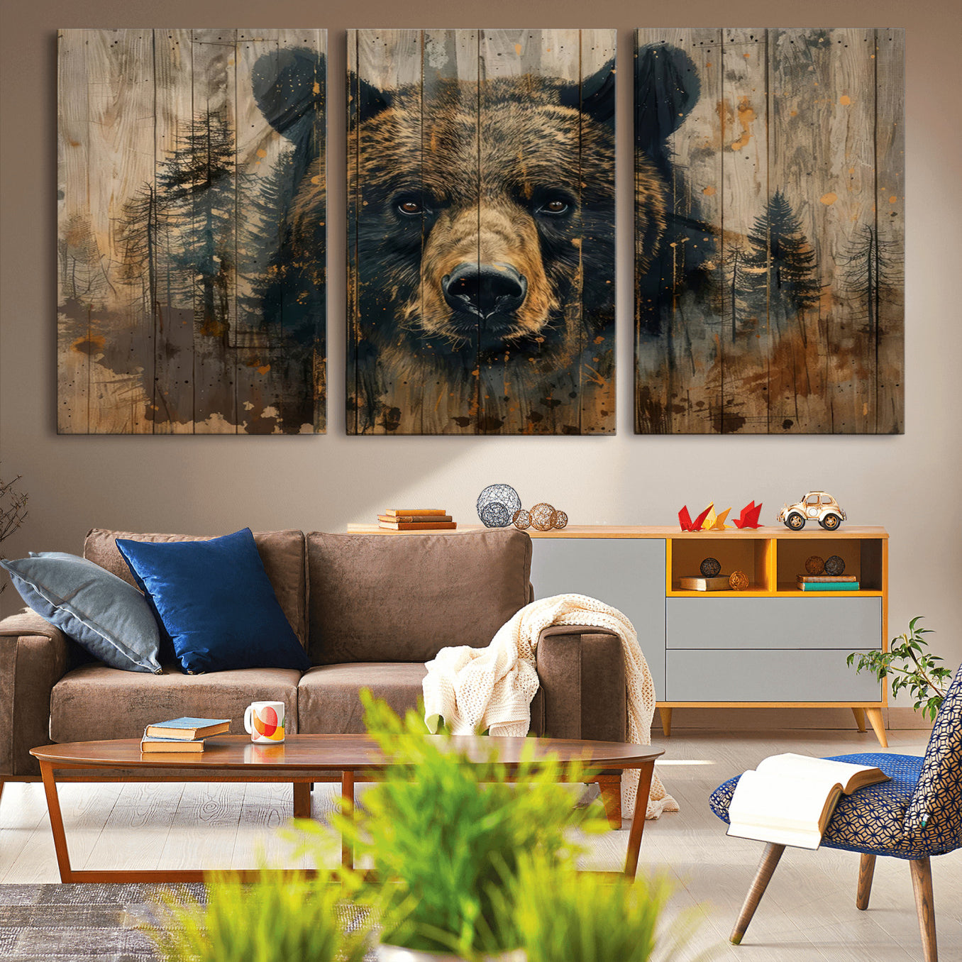 -Abstract 399 Bear Wall Art | Rustic Cabin Wall Decor with Forest Design | Framed and Ready to Hang |