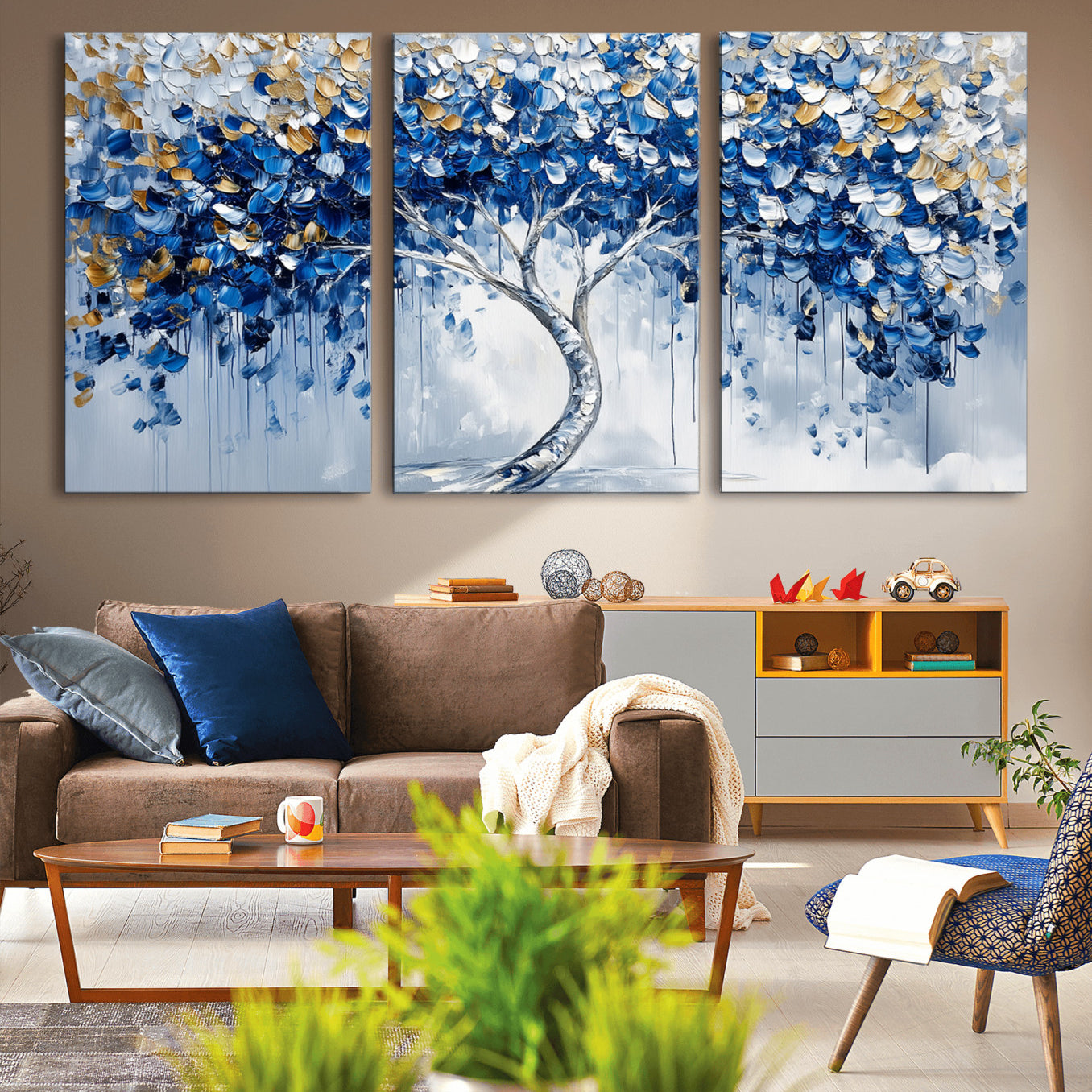 62350-MGV-CV-36X24-Blue and Gold Abstract Tree Wall Art Canvas Print | Modern Tree of Life Painting | Framed Canvas