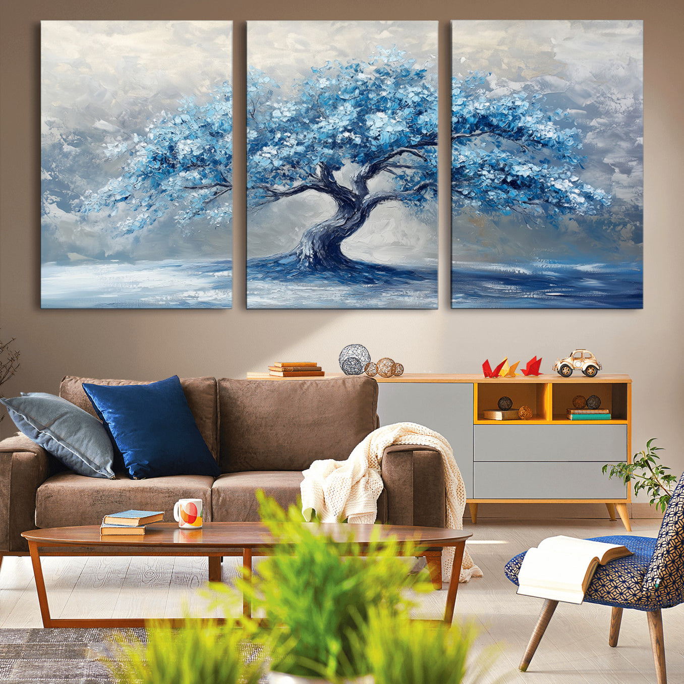 56105-MGV-CV-36X24-Abstract Blue Tree Art Canvas Print, Majestic Tree Wall Art Print for Farmhouse Decor