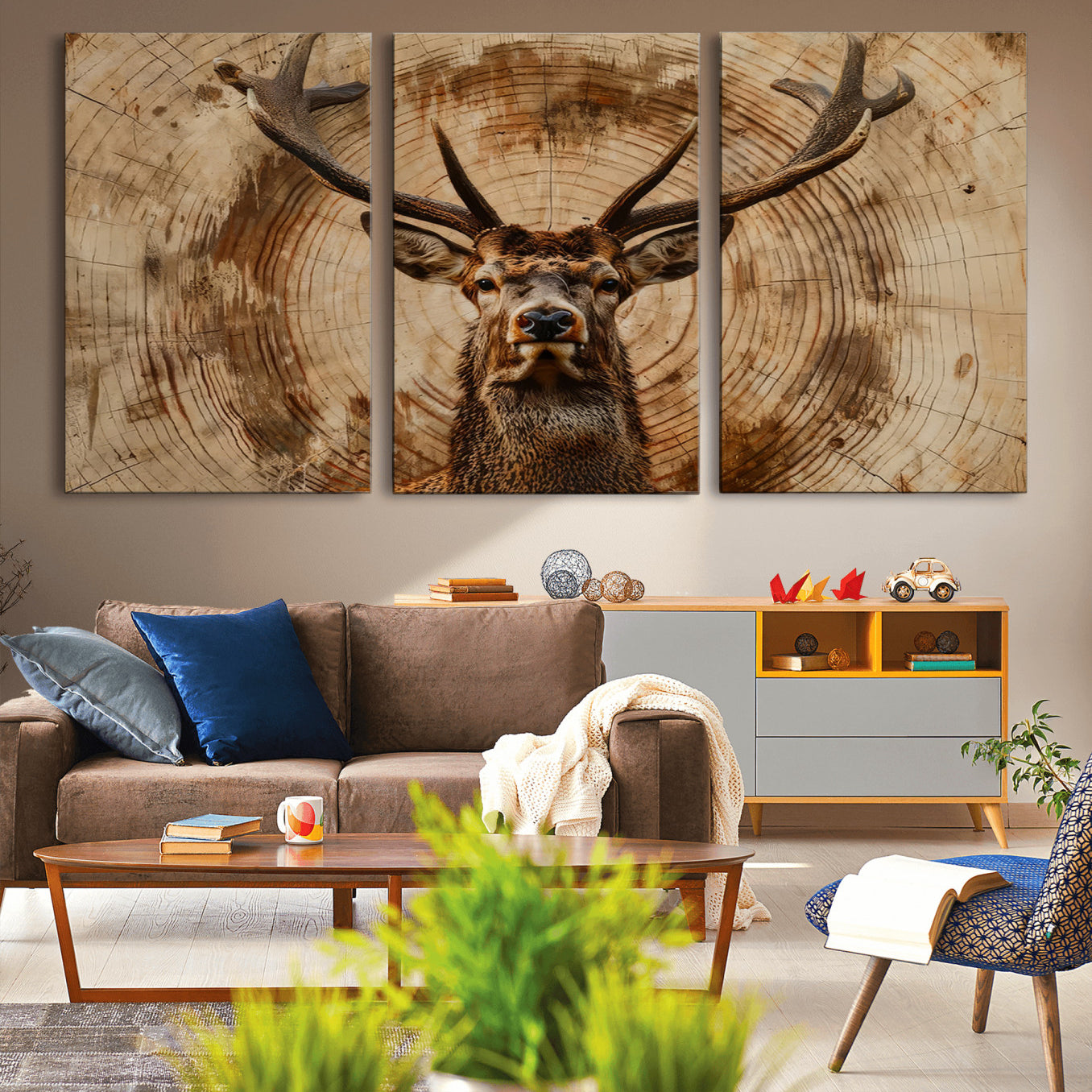 19375-MGV-CV-36X24-Wood Abstract Deer Wall Art | Rustic Wildlife Canvas Print | Ready to Hang Stag Head Triptych for