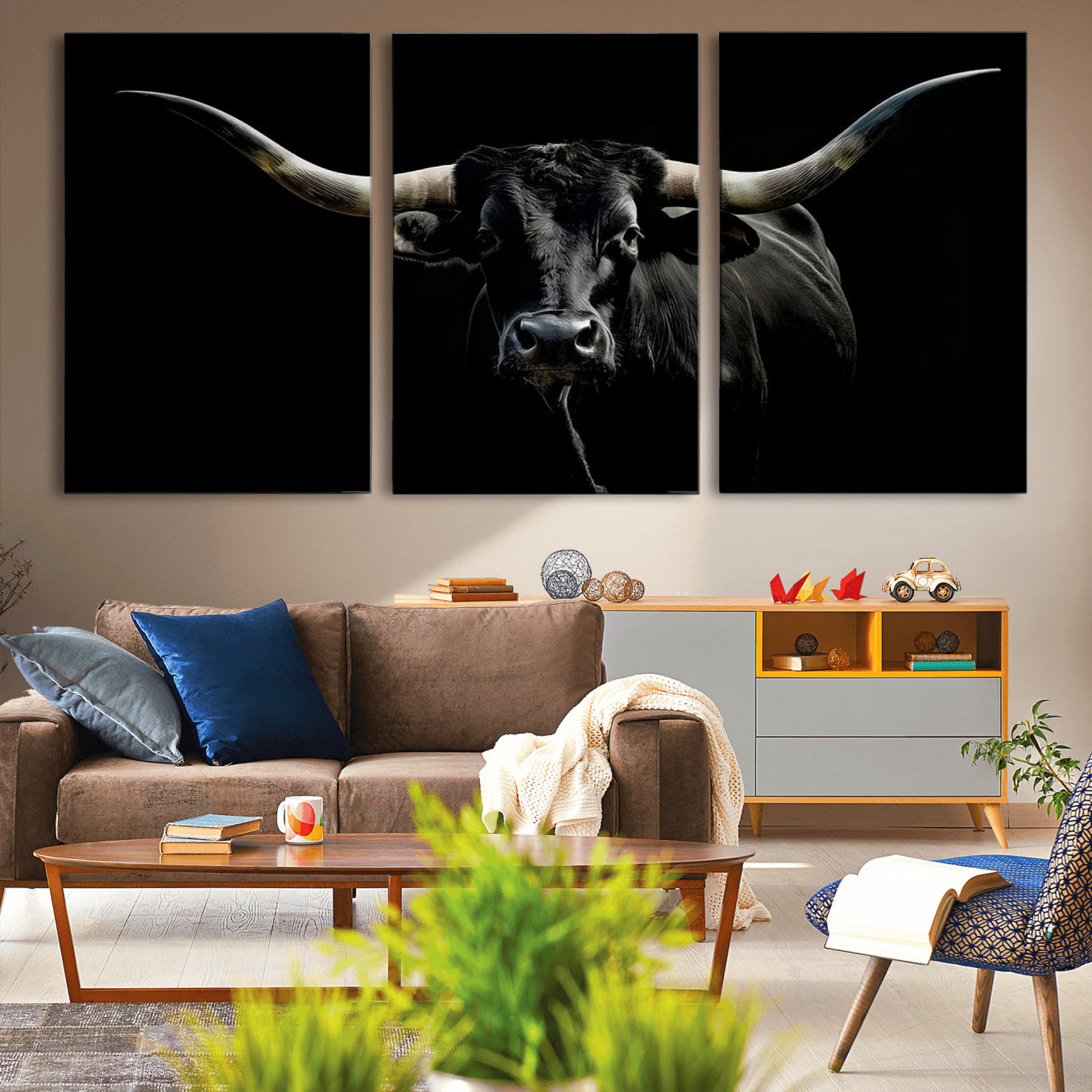 20679-MGV-CV-36X24-Texas Black Longhorn Bull Wall Art Canvas Print - Western Texas Cattle Rustic Decor Print - Longhorn