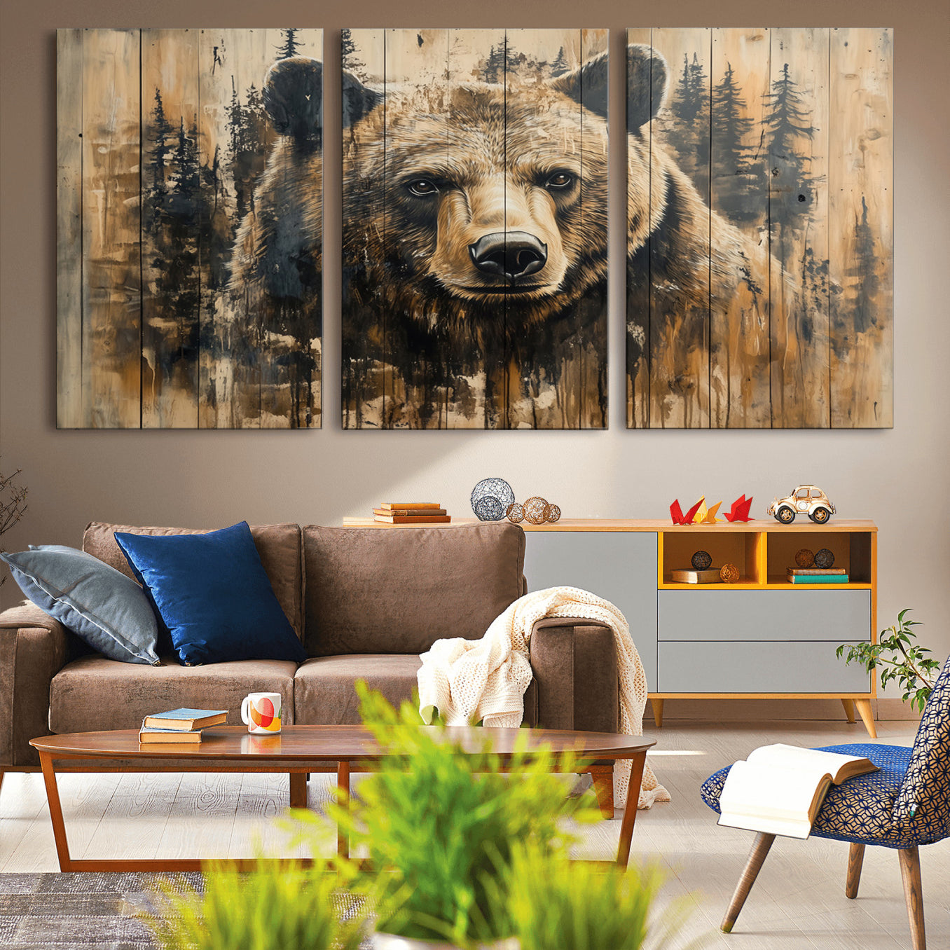 -Majestic Grizzly 399 Bear Wall Art | 3-Panel Rustic Canvas Print for Living Room, Office, or Cabin