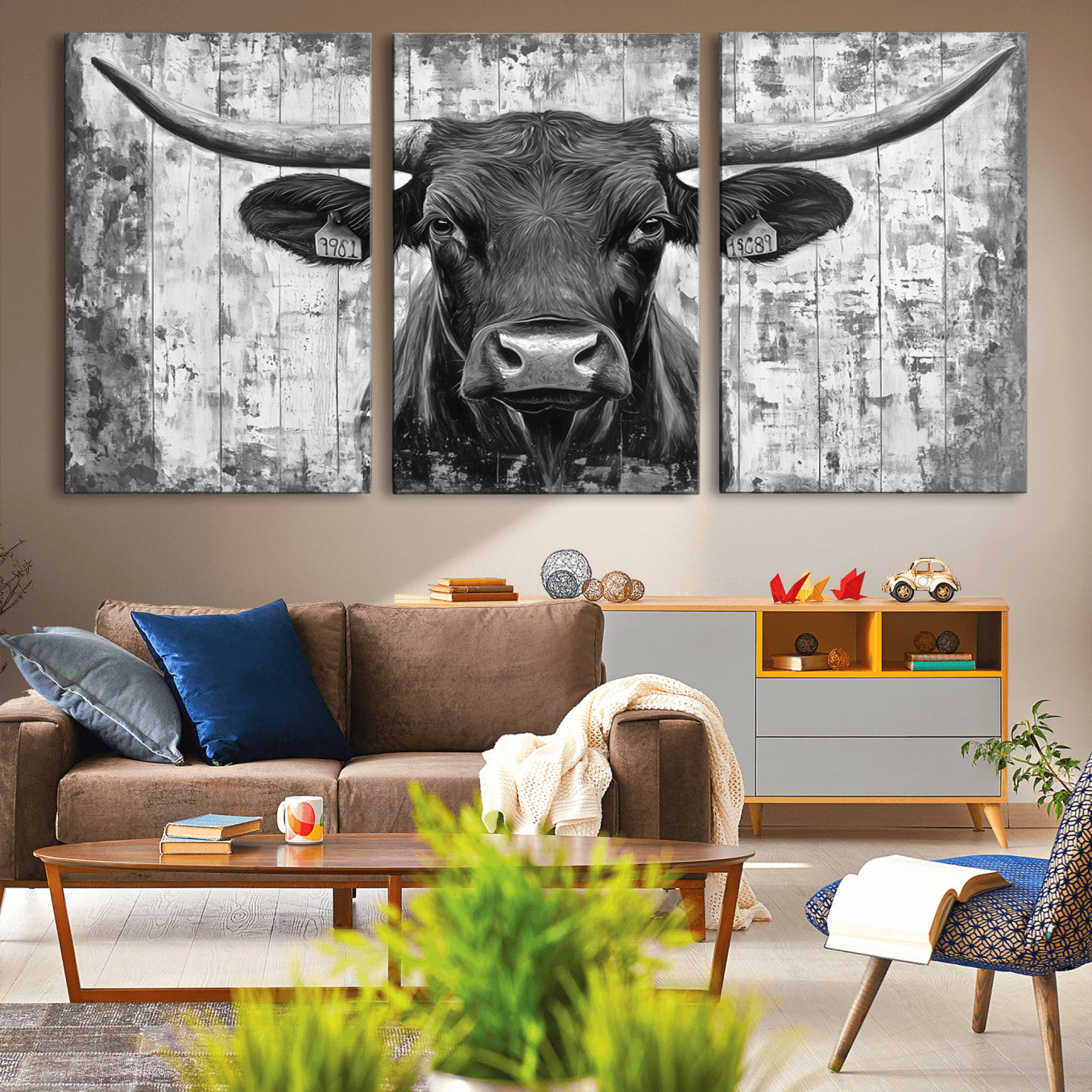 -Abstract Longhorn Bull Wall Art Canvas Print - Rustic Texas Western Cow Artwork