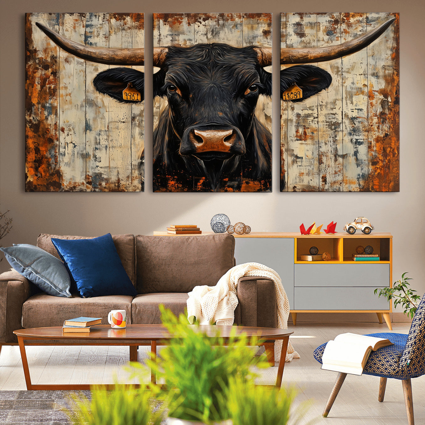 71589-MGV-CV-36X24-Rustic Texas Artwork Wall Art Canvas Print - Abstract Cow Longhorn Bull Wall Art Canvas Print